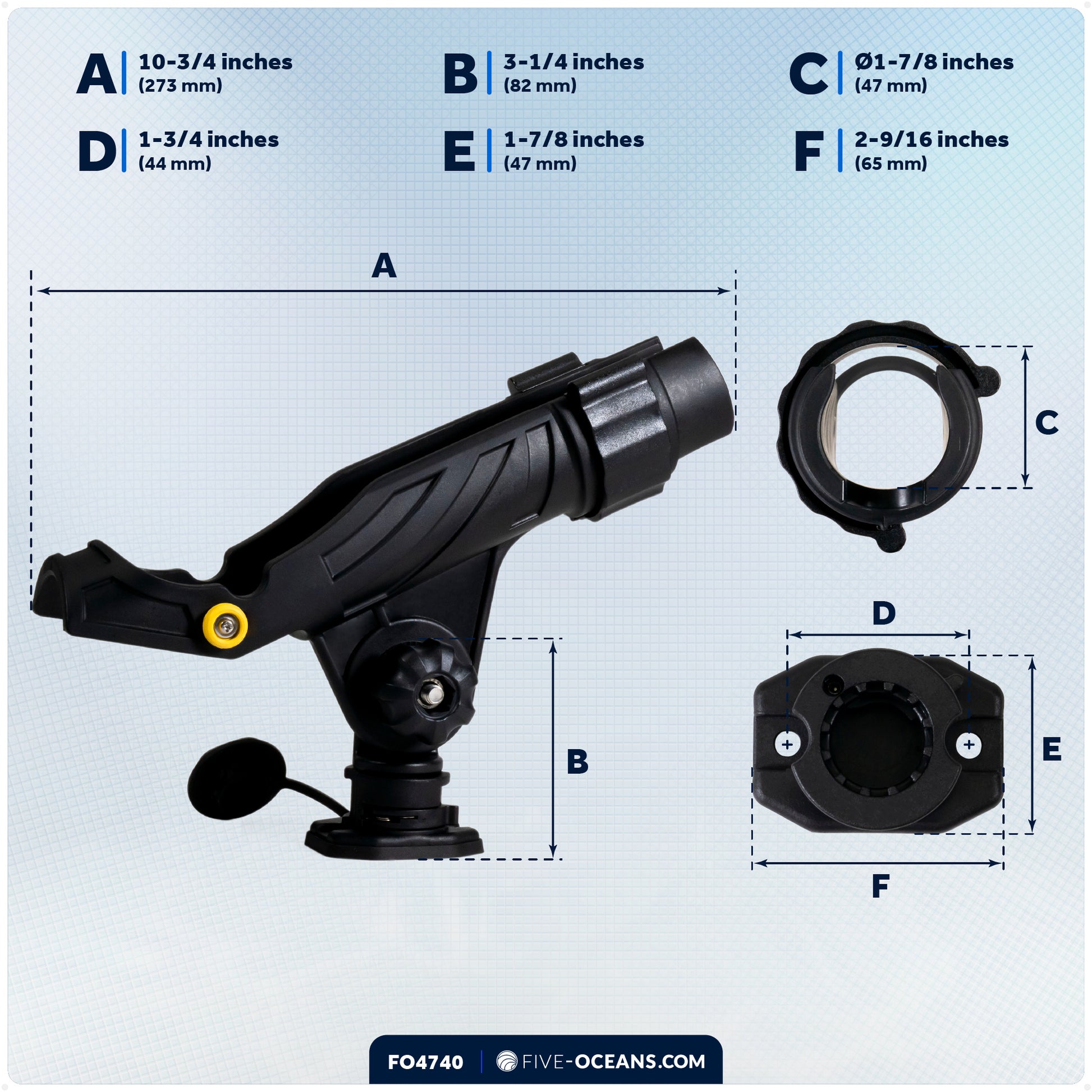 Fishing Rod Holder,  Sealed Deck Mount with Spring-Loaded Locking Mechanism, Black, X-Large - FO4740 - Five Oceans