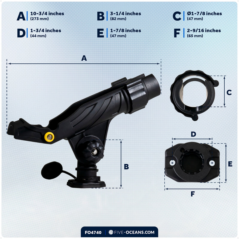 Kayak Rod Holder with Deck Mount Base with Cap, Black, X-Large - FO4740 - Five Oceans