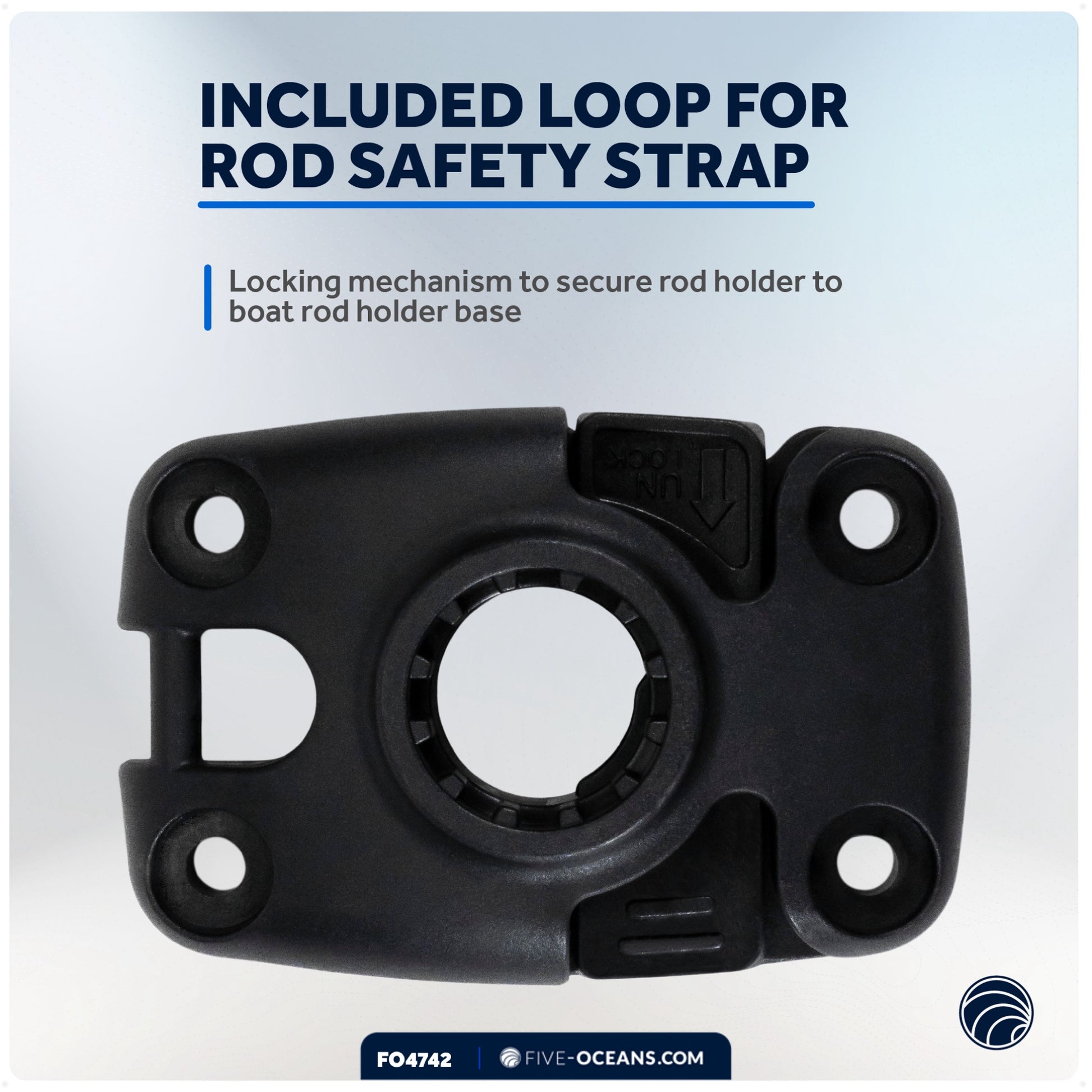 Deck Mount Base for Fishing Rod Holder, Sliding-Lock Mechanism, Black - FO4742 - Five Oceans