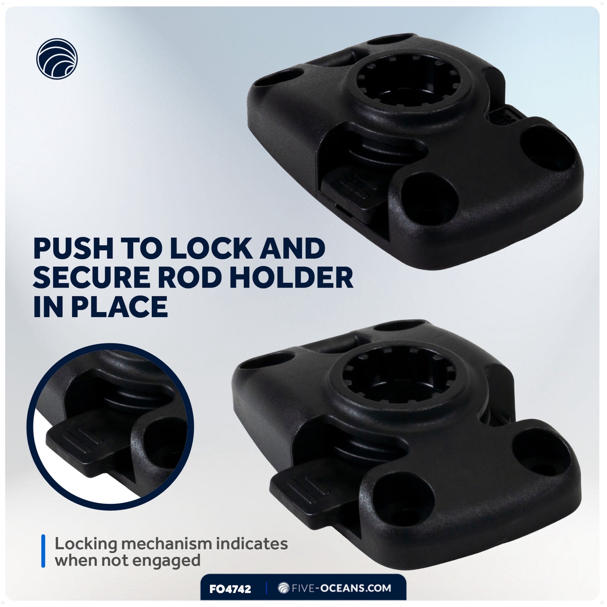 Deck Mount Base for Fishing Rod Holder, Sliding-Lock Mechanism, Black - FO4742 - Five Oceans
