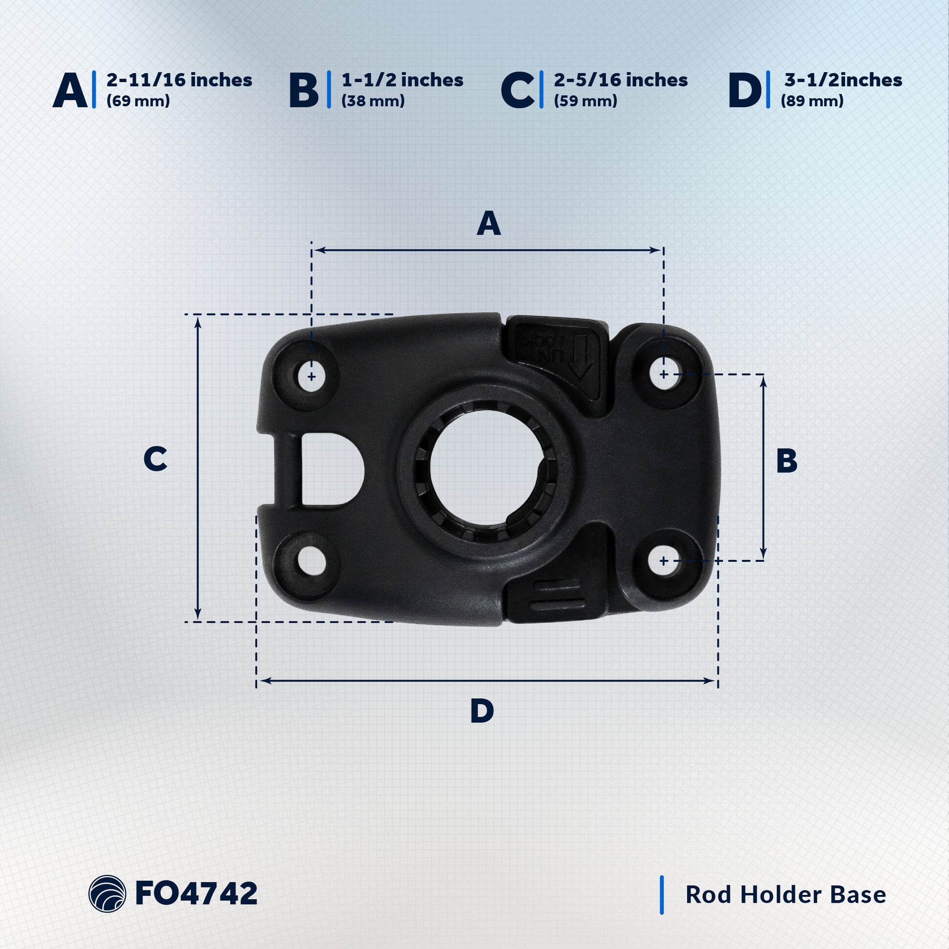 Deck Mount Base for Fishing Rod Holder, Sliding-Lock Mechanism, Black - FO4742 - Five Oceans