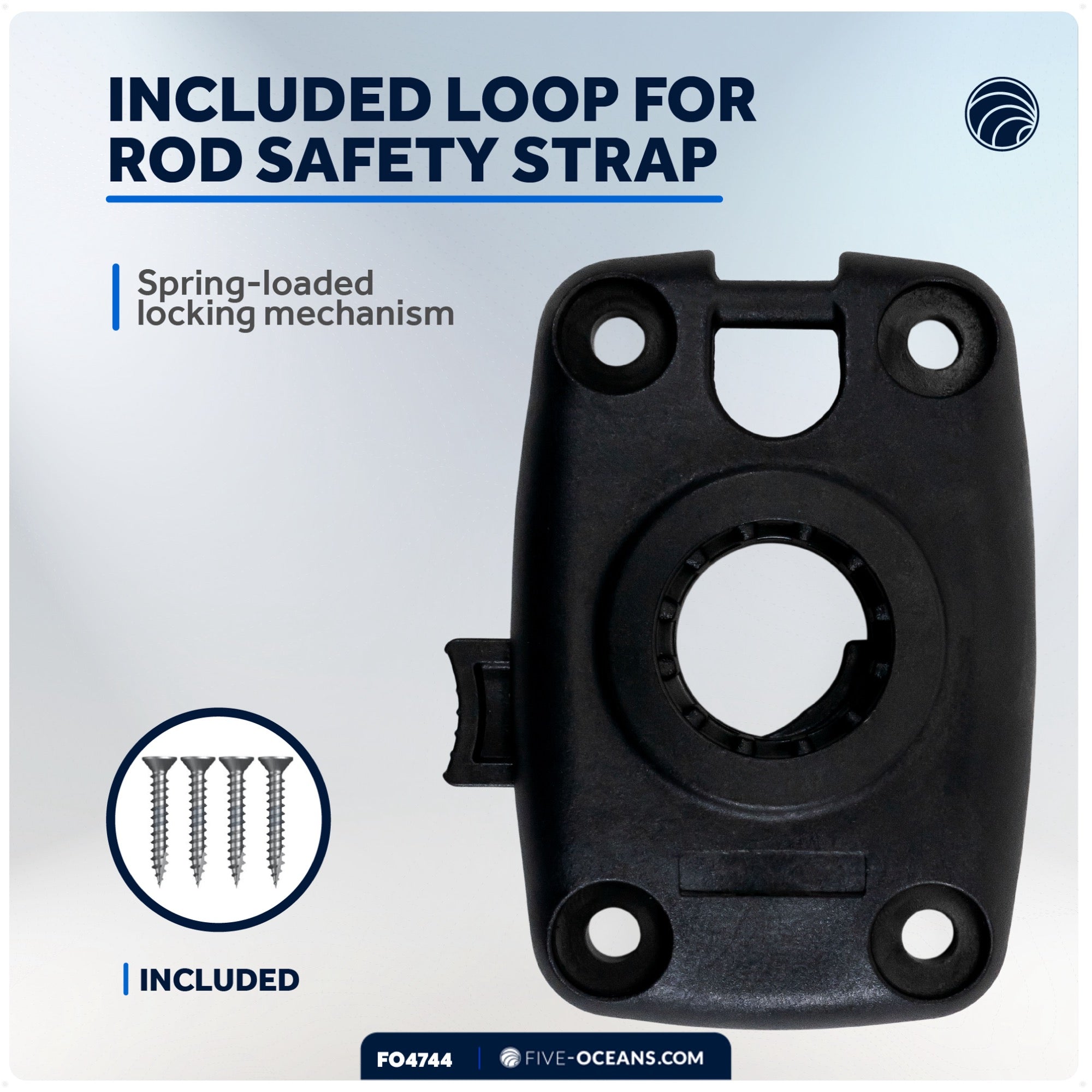 Deck Mount Base for Fishing Rod Holder, Spring-Loaded Locking Mechanism, Black - FO4744 - Five Oceans