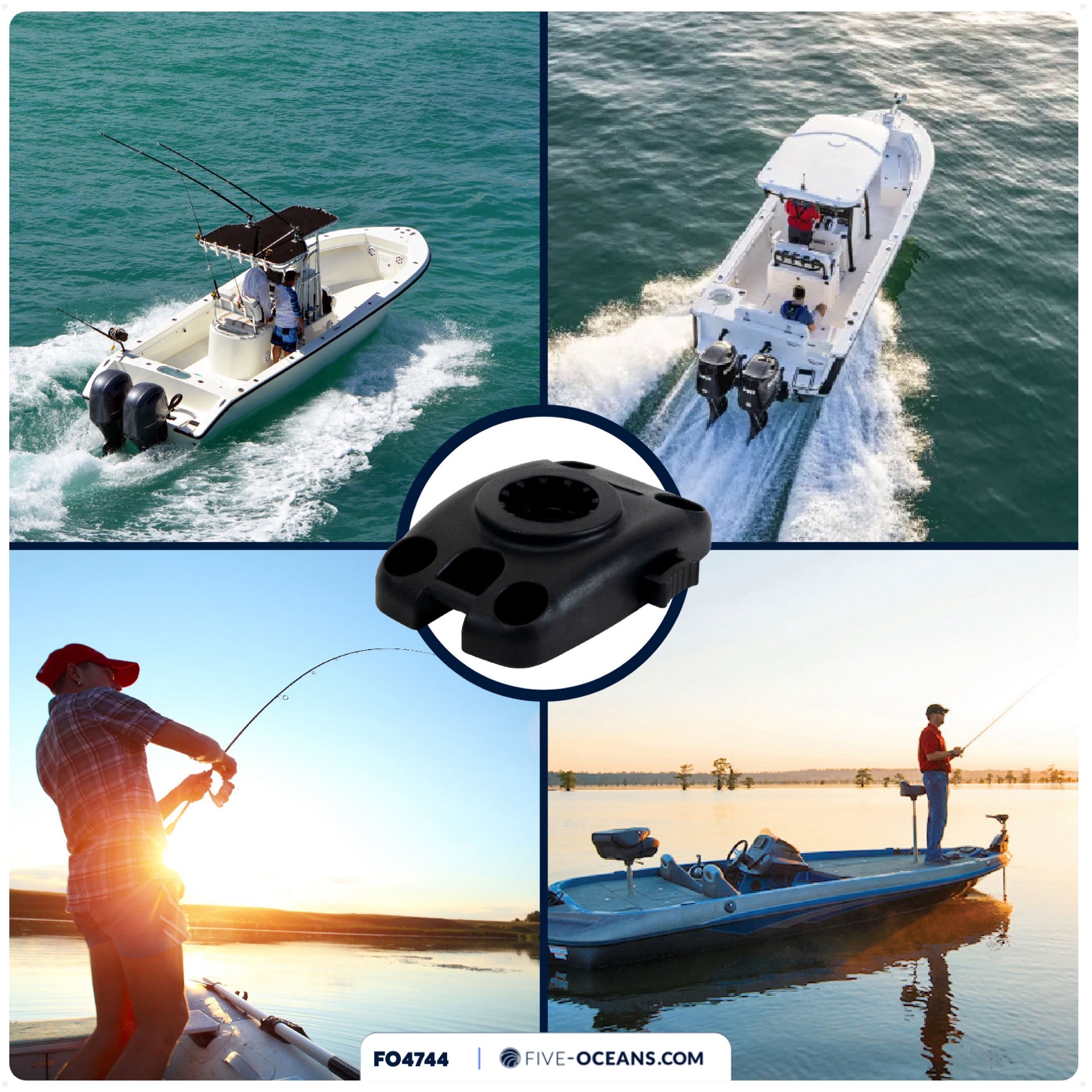 Deck Mount Base for Fishing Rod Holder, Spring-Loaded Locking Mechanism, Black - FO4744 - Five Oceans