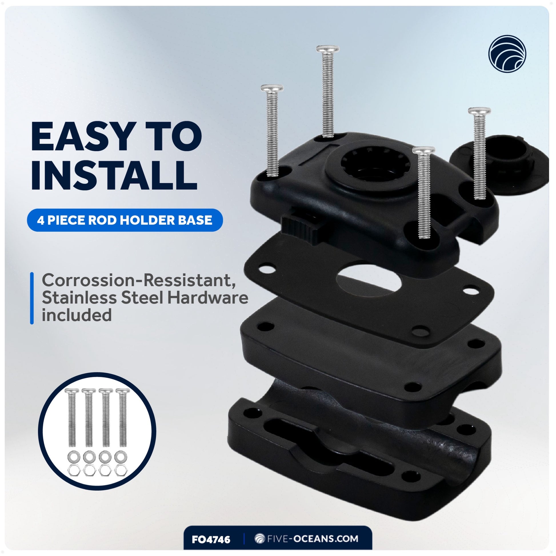 Rail Mount Base for Fishing Rod Holder, Spring-Loaded Locking Mechanism, Black - FO4746 - Five Oceans