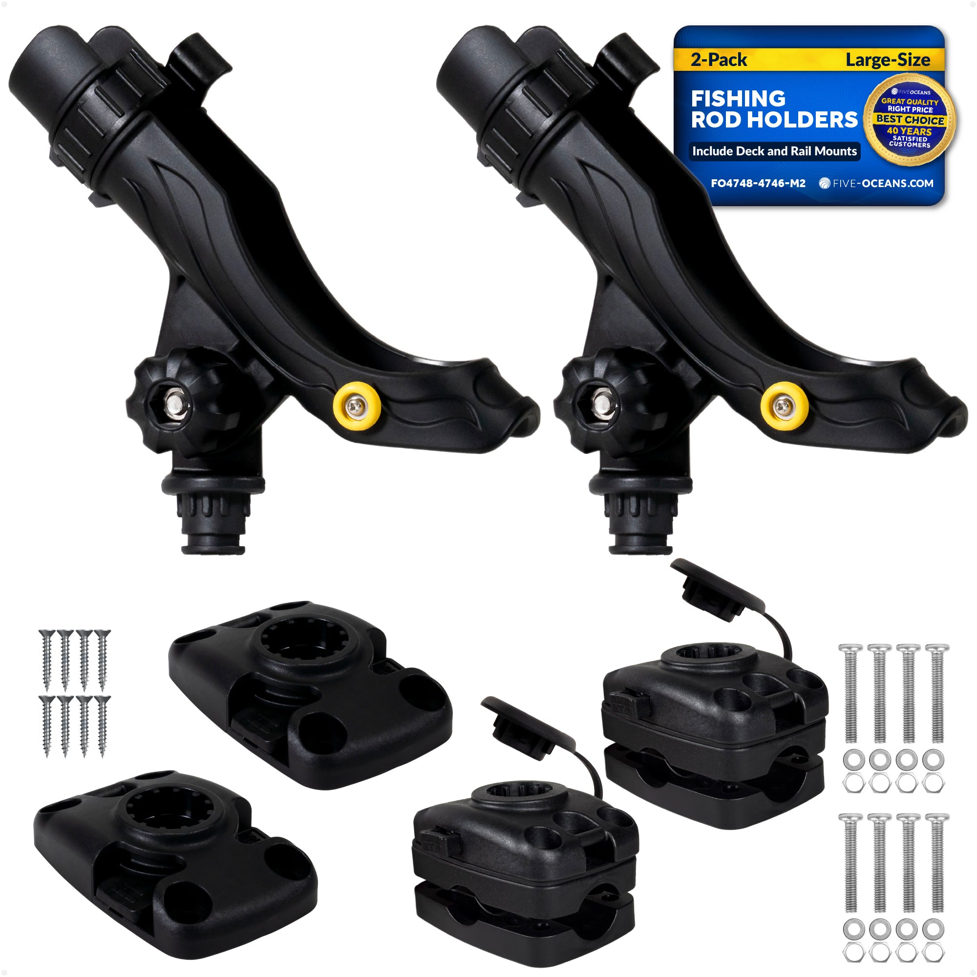 Fishing Rod Holder Set with Deck & Rail Mounts, Large, Black, 2-Pack - FO4748-4746-M2 - Five Oceans