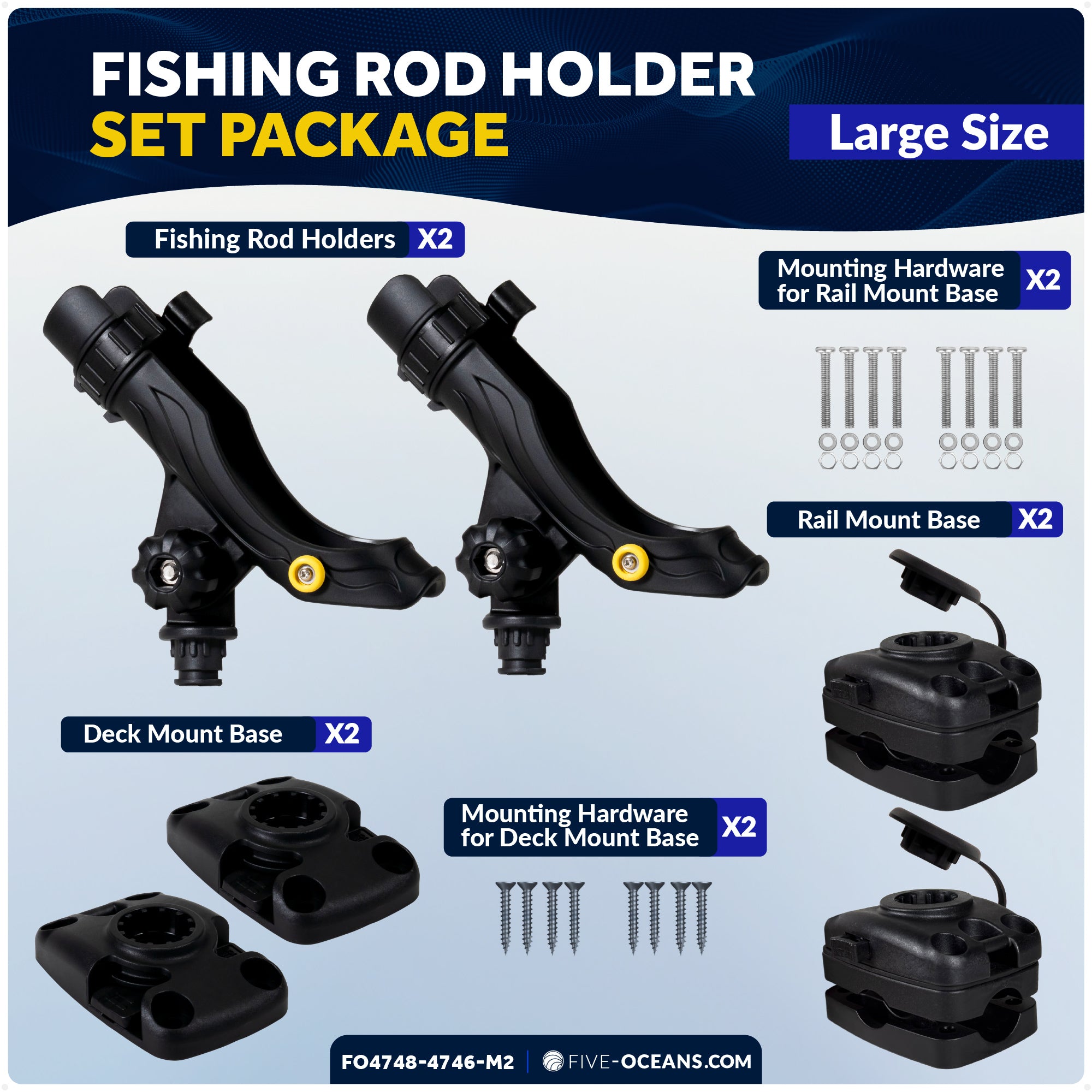 Fishing Rod Holder Set with Deck & Rail Mounts, Large, Black, 2-Pack - FO4748-4746-M2 - Five Oceans
