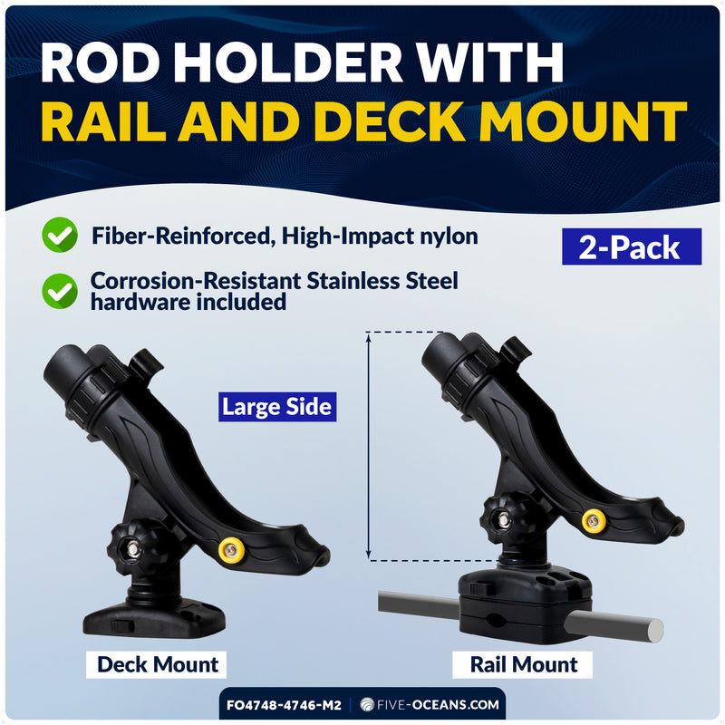 Kayak Rod Holder Kit - Deck & Rail Mounts, Large, Black, 2-Pack - FO4748-4746-M2 - Five Oceans