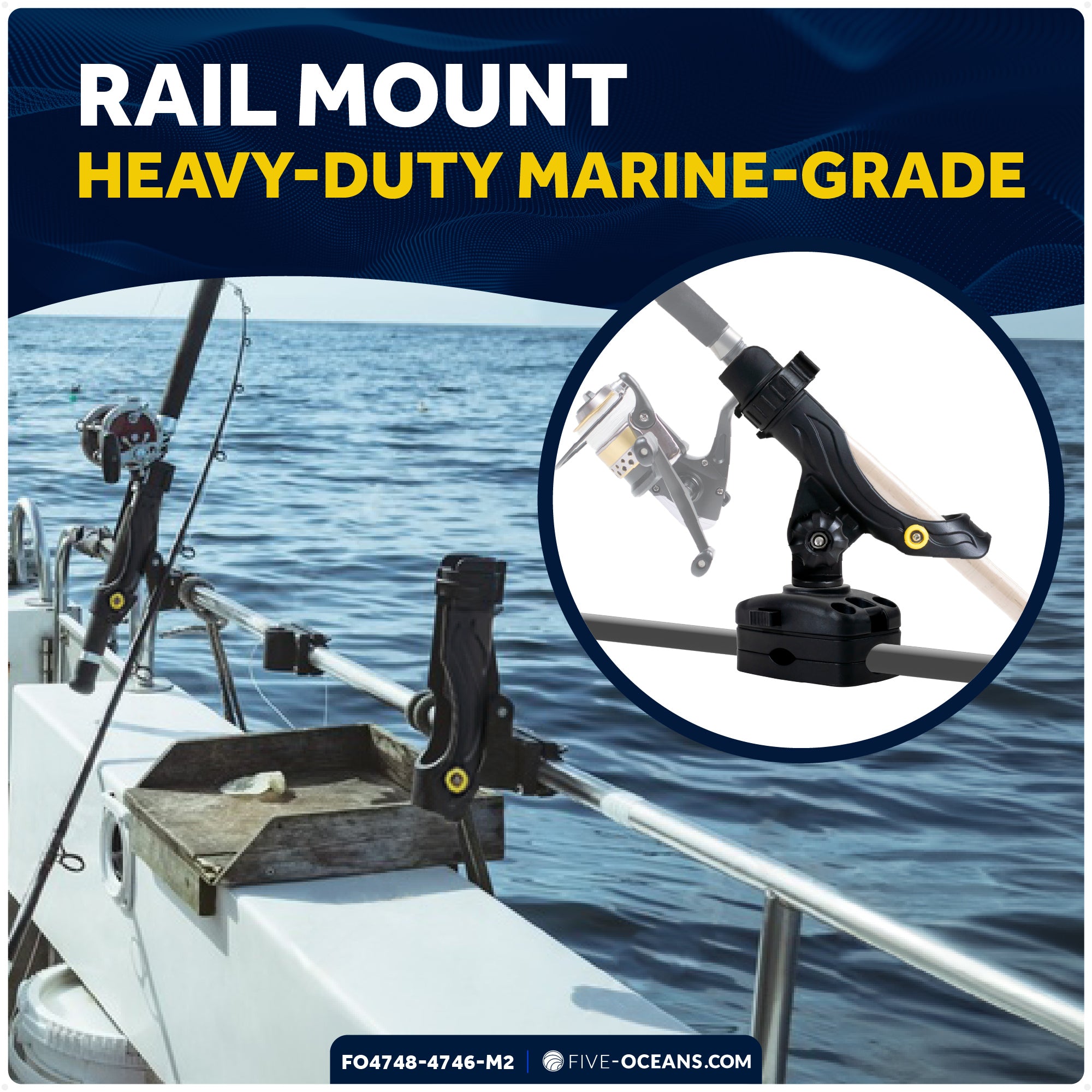 Fishing Rod Holder Set with Deck & Rail Mounts, Large, Black, 2-Pack - FO4748-4746-M2 - Five Oceans