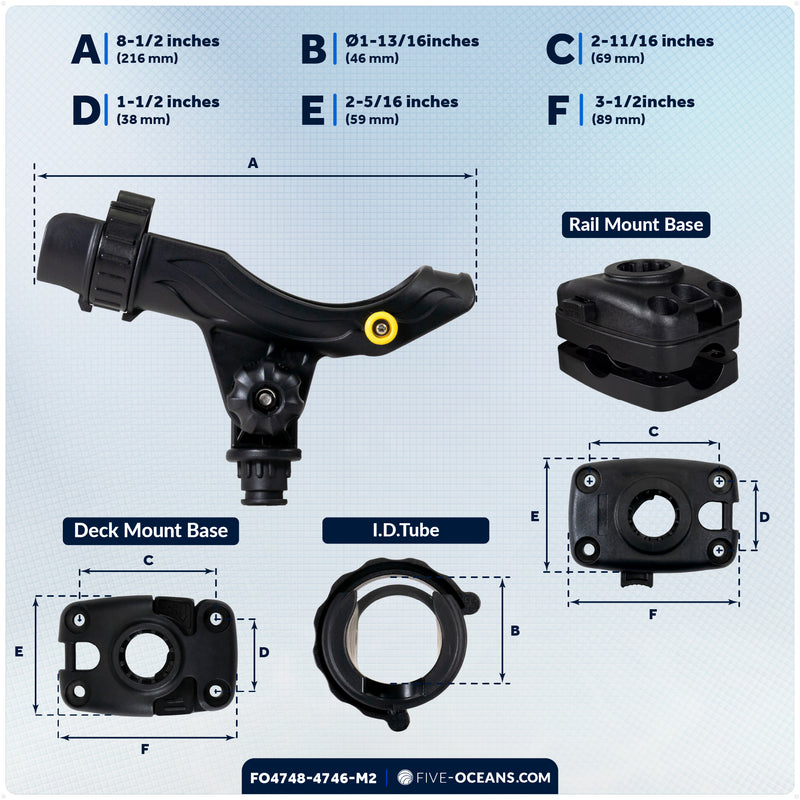 Kayak Rod Holder Kit - Deck & Rail Mounts, Large, Black, 2-Pack - FO4748-4746-M2 - Five Oceans
