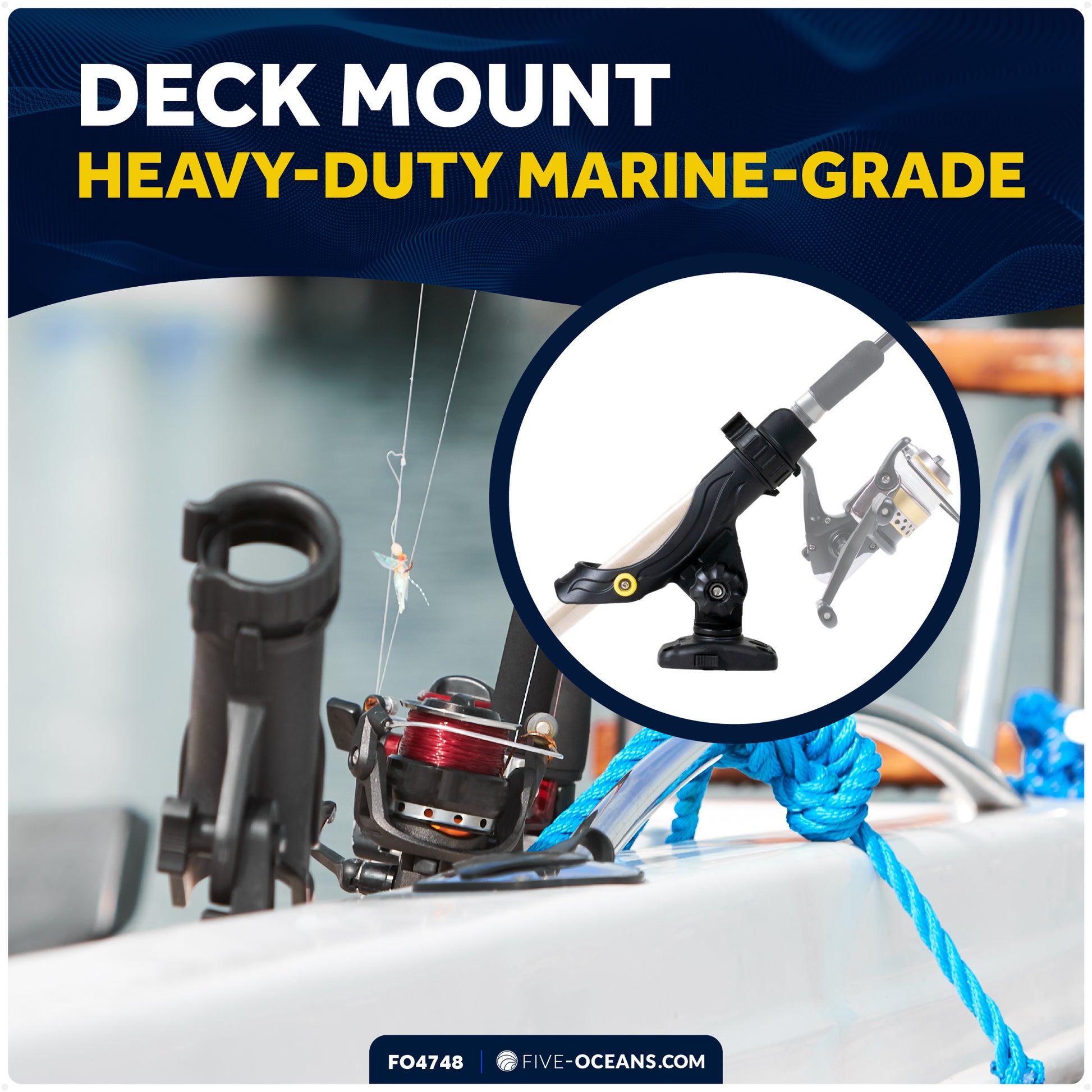 Fishing Rod Holder, Deck Mount Base with Sliding-Lock, Black, Large - FO4748 - Five Oceans