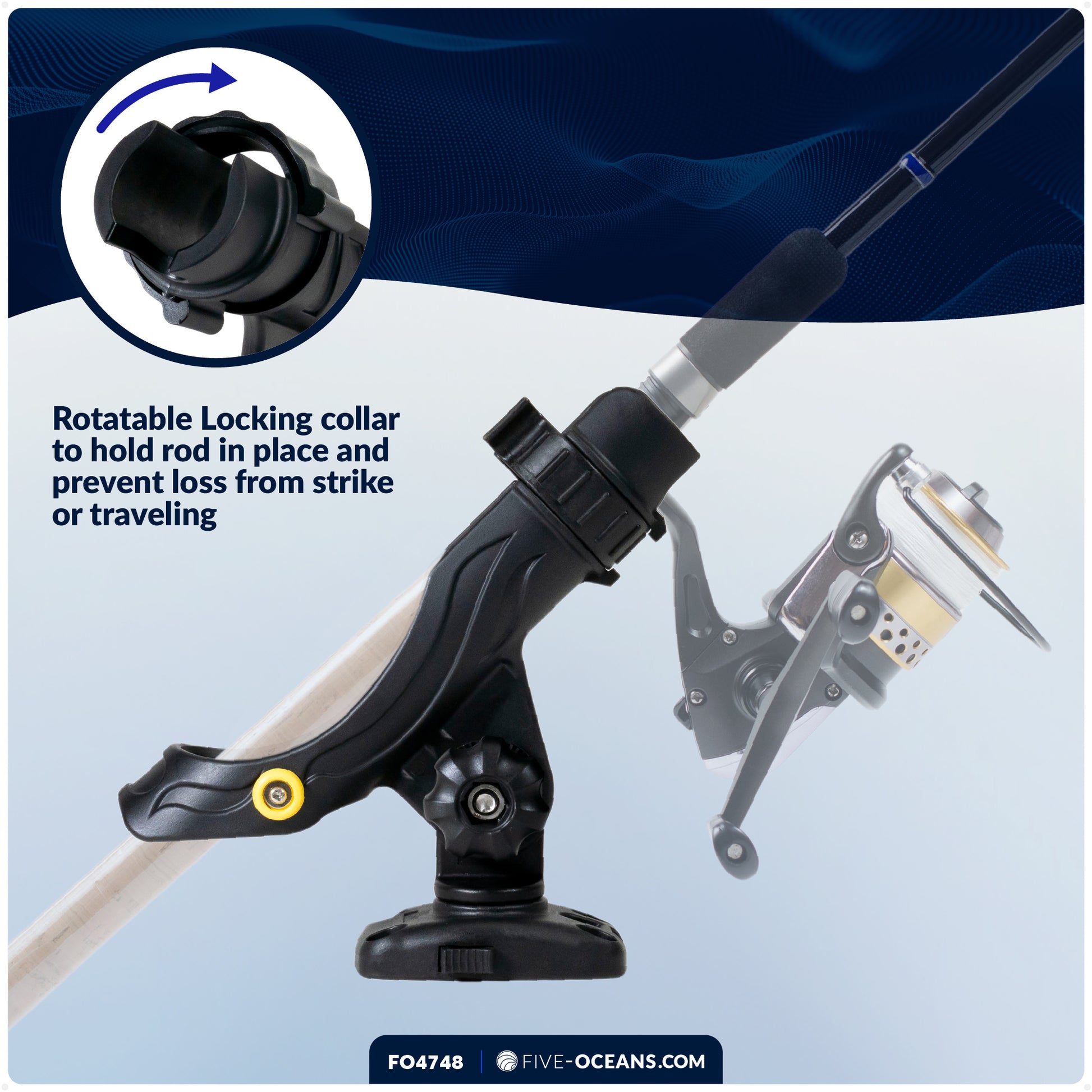 Fishing Rod Holder, Deck Mount Base with Sliding-Lock, Black, Large - FO4748 - Five Oceans