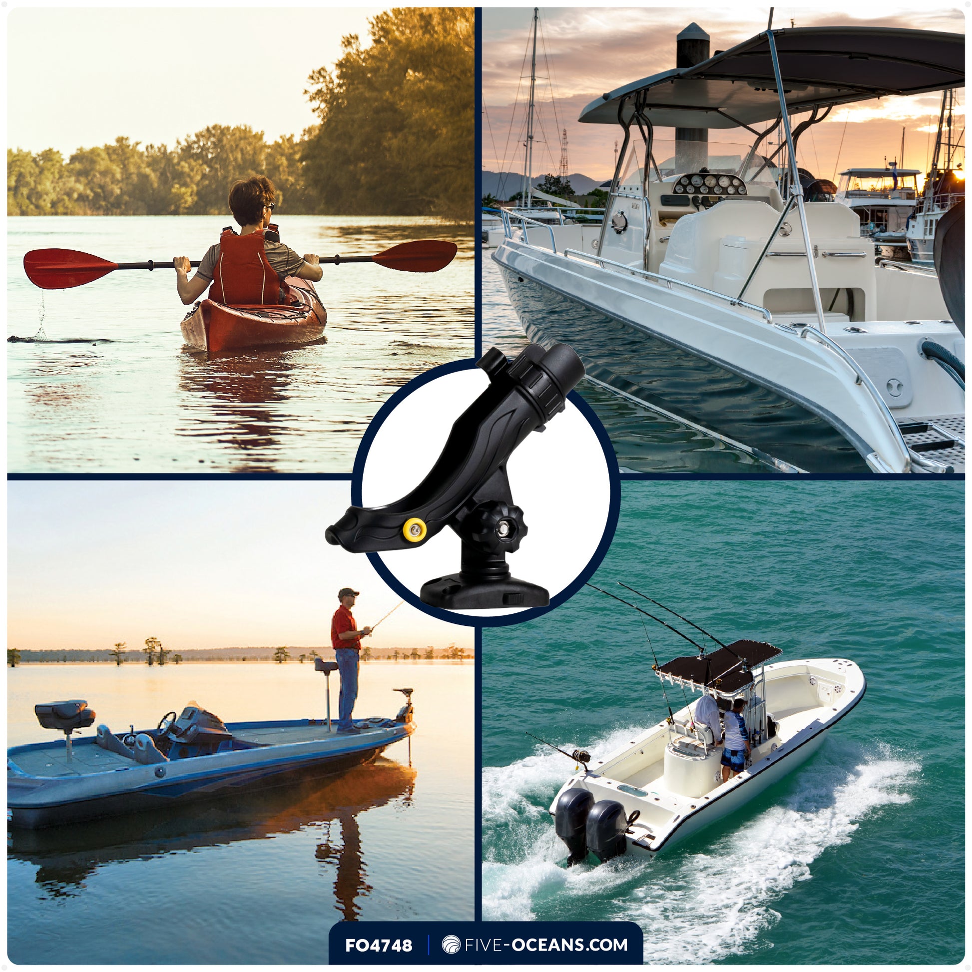 Fishing Rod Holder, Deck Mount Base with Sliding-Lock, Black, Large - FO4748 - Five Oceans