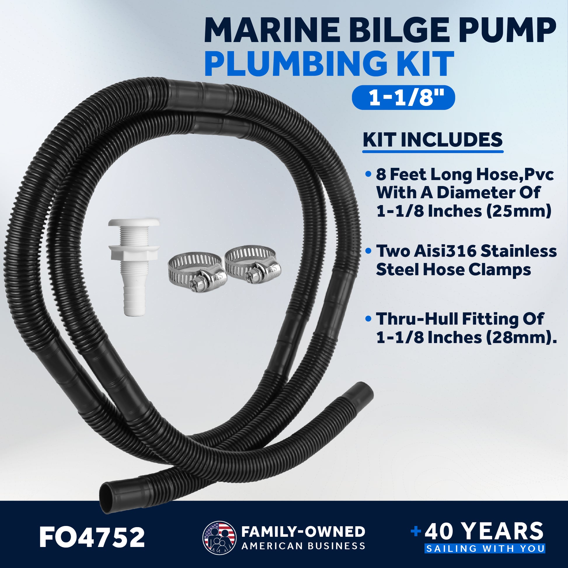 Bilge Pump Plumbing Kit, 8' Black PVC Hose 1-1/8", 2 Hose Clamps, Thru-Hull Fitting - FO4752 - Five Oceans