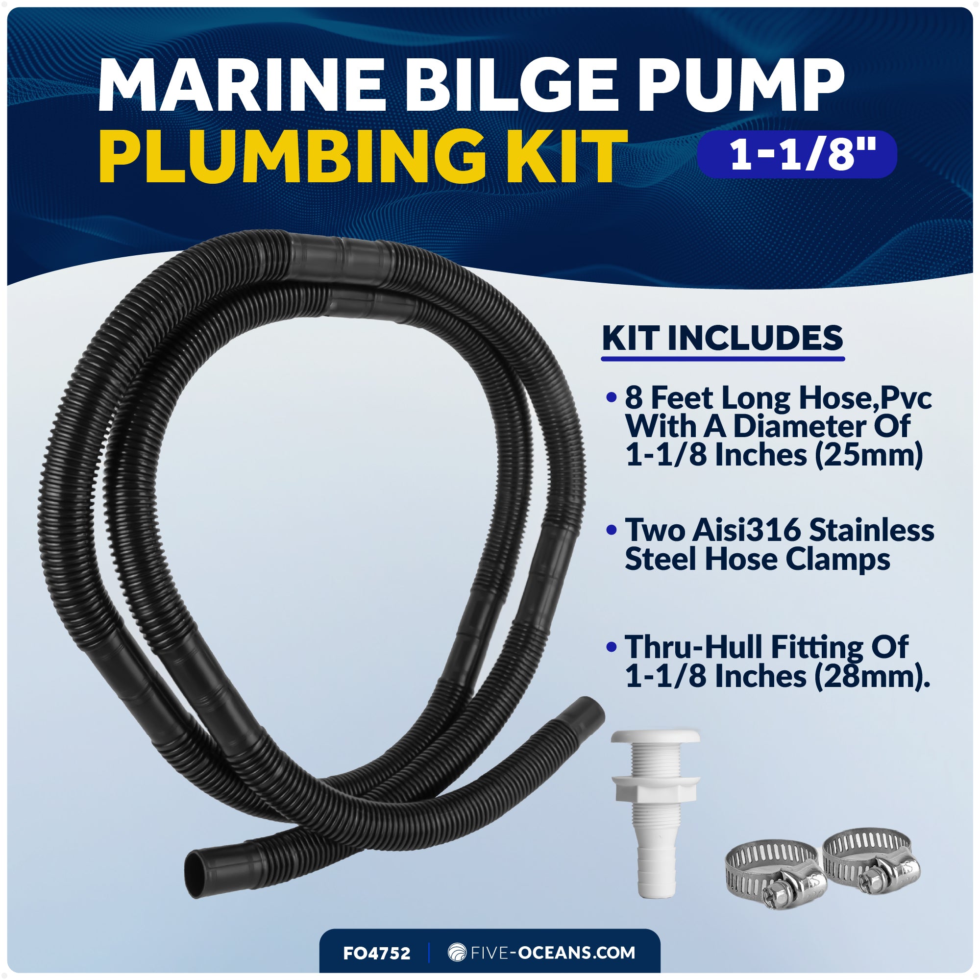 Bilge Pump Plumbing Kit, 8' Black PVC Hose 1-1/8", 2 Hose Clamps, Thru-Hull Fitting - FO4752