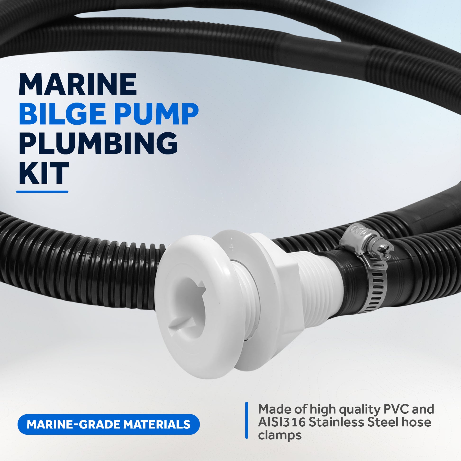 Bilge Pump Plumbing Kit, 8' Black PVC Hose 1-1/8", 2 Hose Clamps, Thru-Hull Fitting - FO4752 - Five Oceans