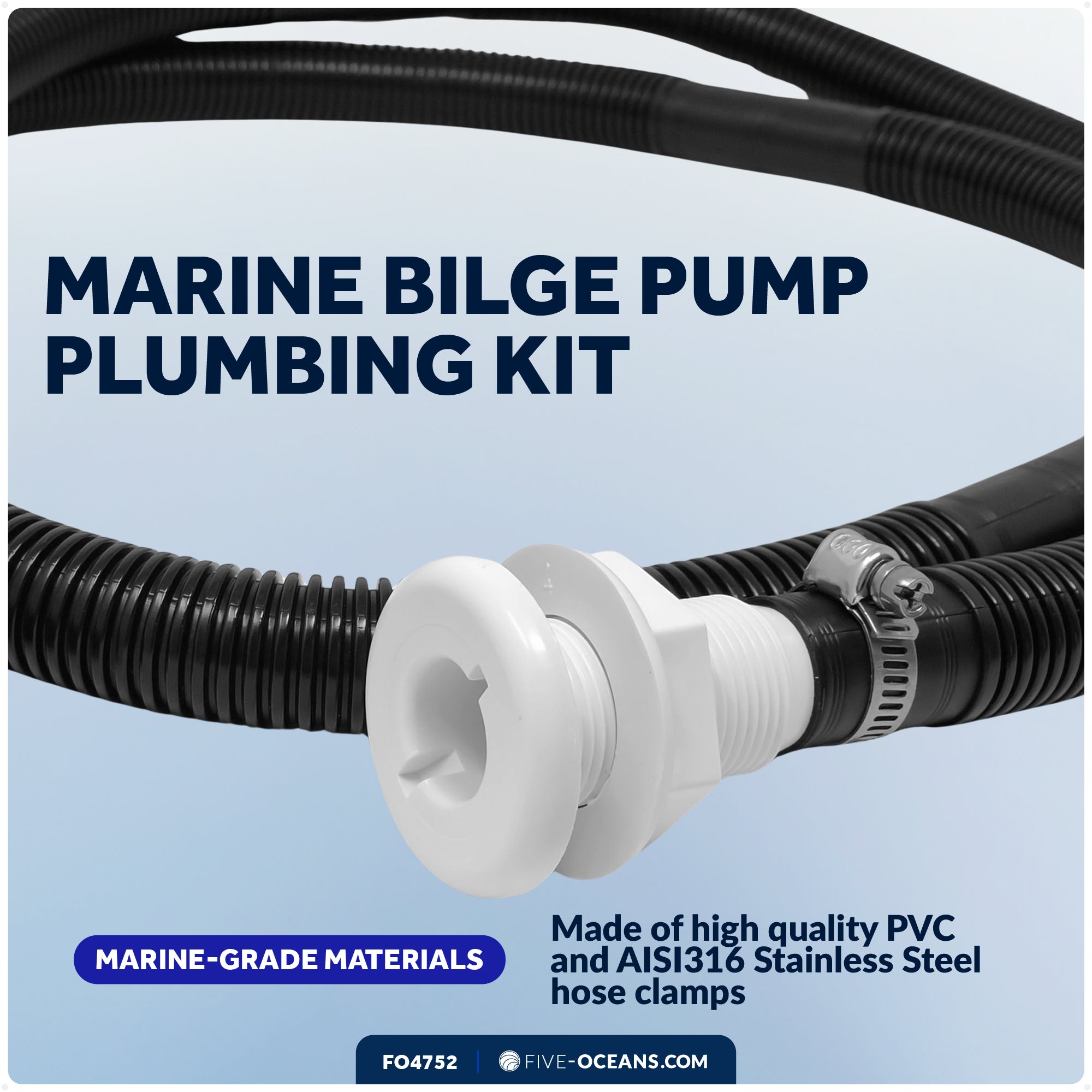 Bilge Pump Plumbing Kit, 8' Black PVC Hose 1-1/8", 2 Hose Clamps, Thru-Hull Fitting - FO4752 - Five Oceans