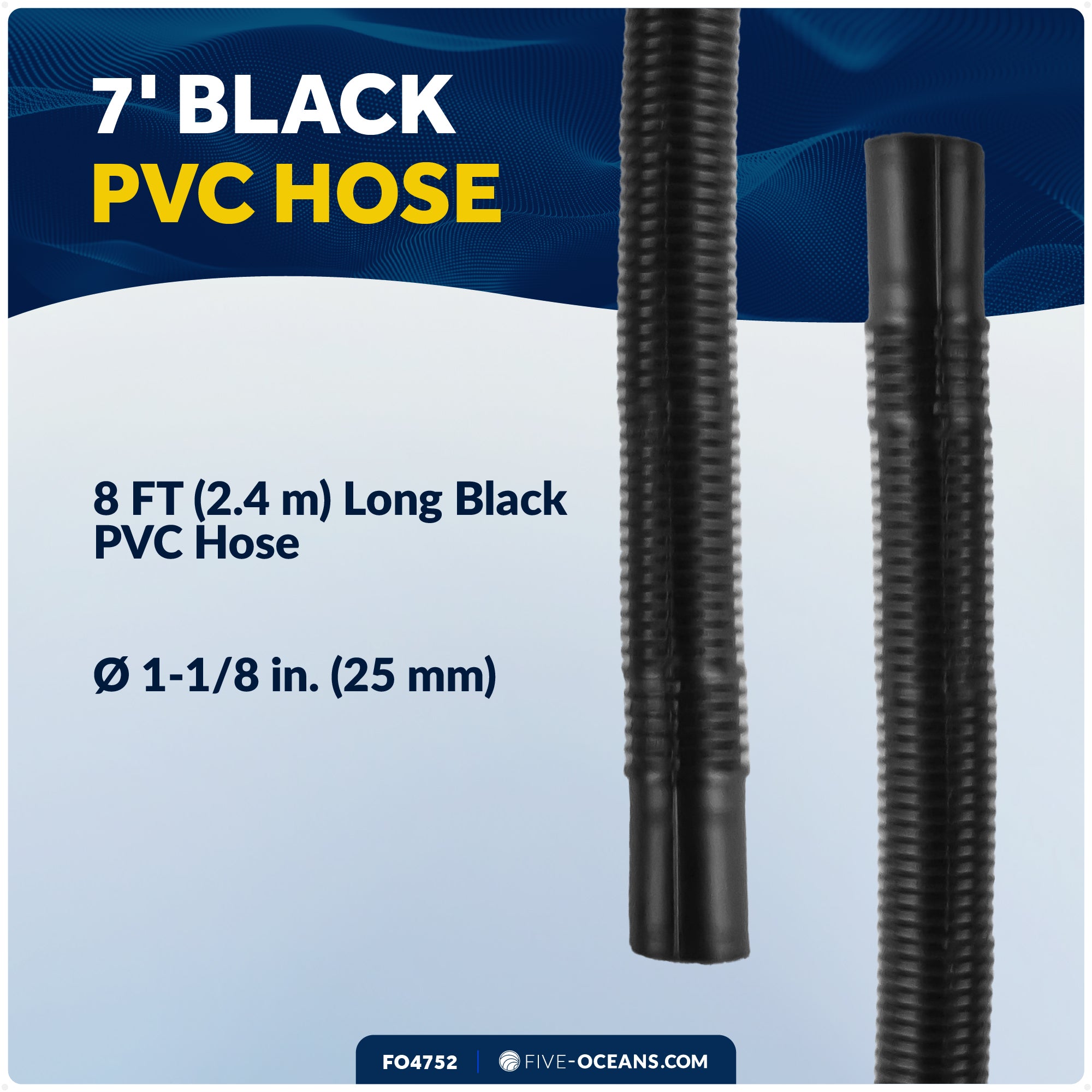 Bilge Pump Plumbing Kit, 8' Black PVC Hose 1-1/8", 2 Hose Clamps, Thru-Hull Fitting - FO4752