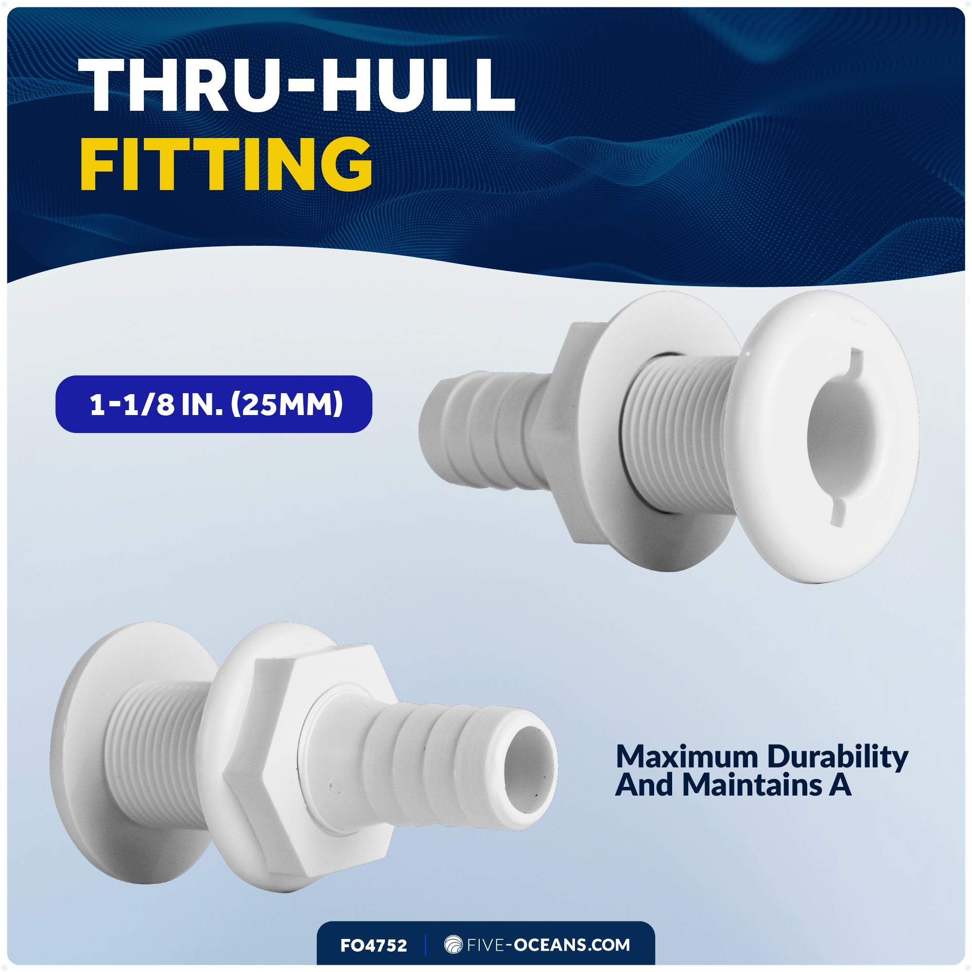 Bilge Pump Plumbing Kit, 8' x 1-1/8" Black PVC Hose with 2 Clamps & Thru-Hull Fitting - FO4752 - Five Oceans