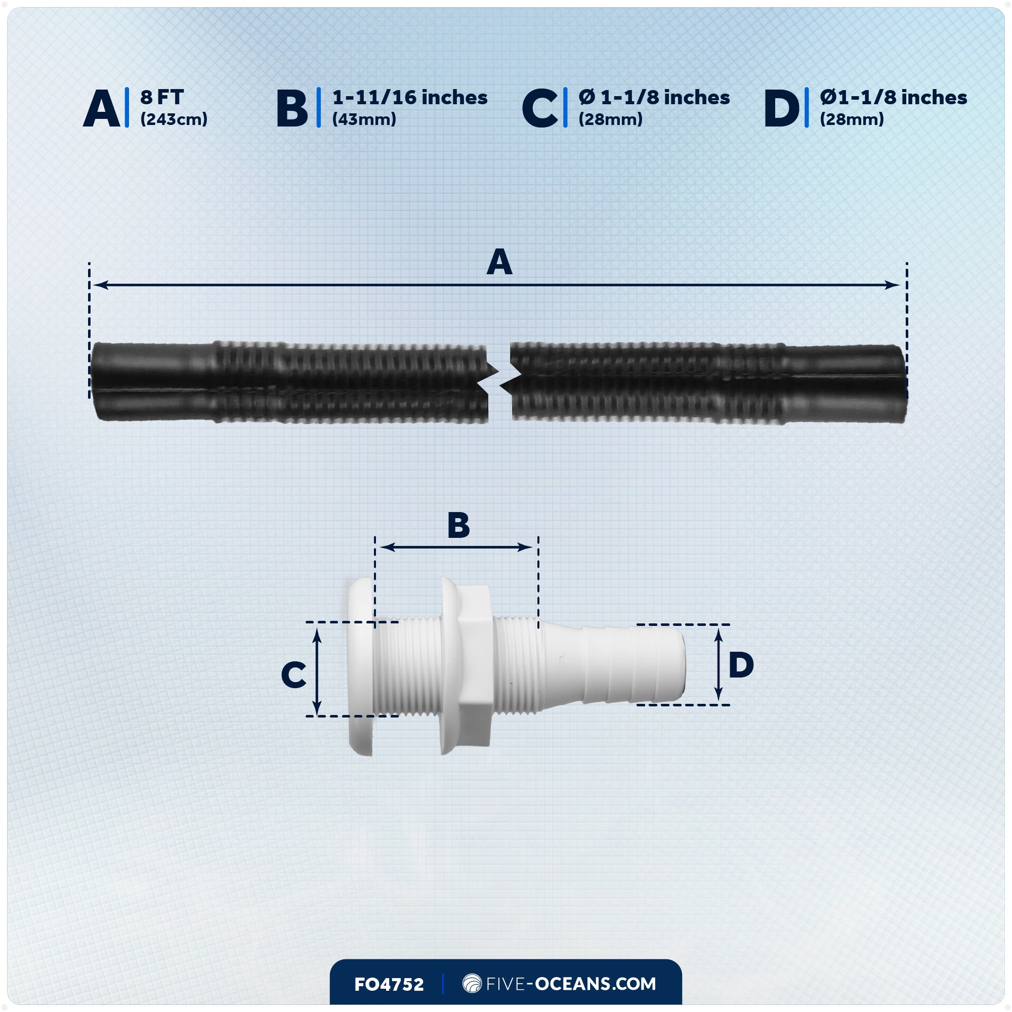 Bilge Pump Plumbing Kit, 8' Black PVC Hose 1-1/8", 2 Hose Clamps, Thru-Hull Fitting - FO4752
