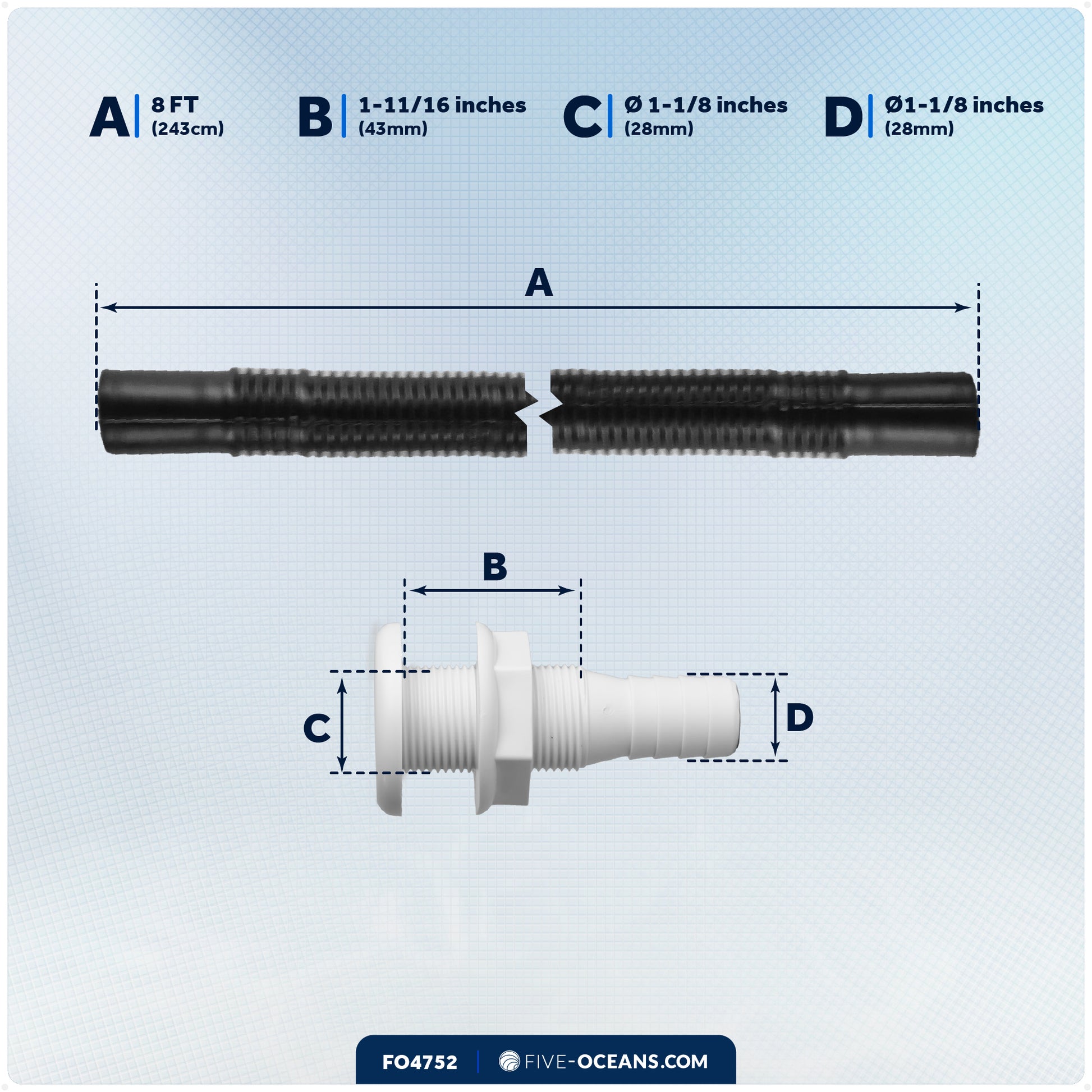 Bilge Pump Plumbing Kit, 8' x 1-1/8" Black PVC Hose with 2 Clamps & Thru-Hull Fitting - FO4752 - Five Oceans