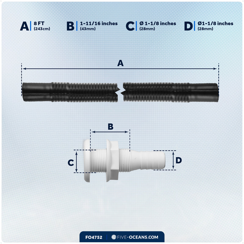 Bilge Pump Plumbing Kit, 8' x 1-1/8" Black PVC Hose with 2 Clamps & Thru-Hull Fitting - FO4752 - Five Oceans