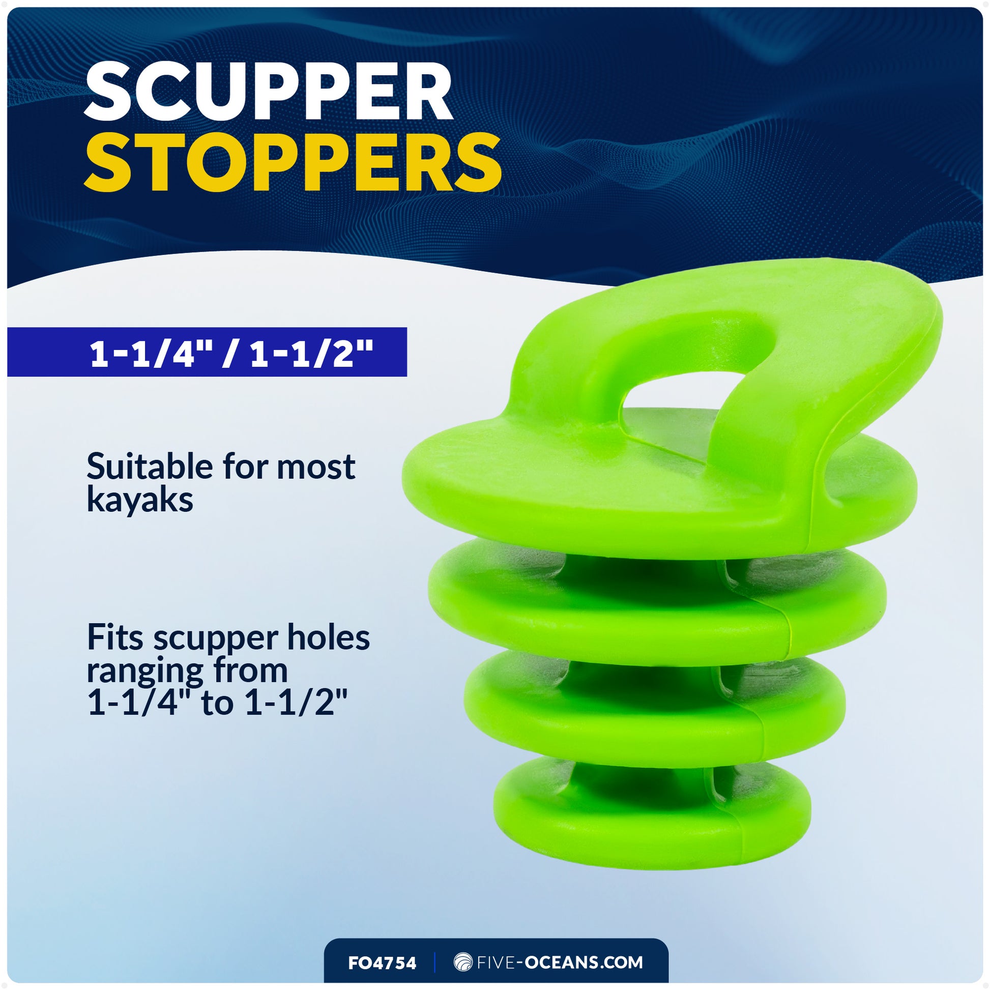 Scupper Plugs for Kayak, Fits Drain Holes 1-1/4" to 1-1/2" - 2-Pack - FO4754 - Five Oceans
