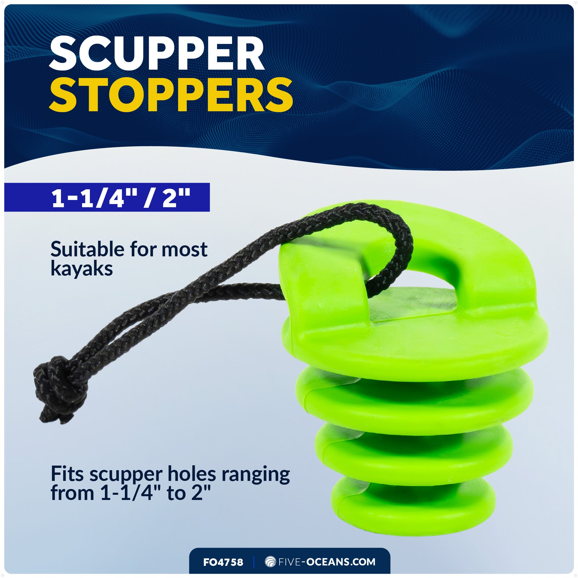 Scupper Plugs for Kayak, Fits Drain Holes 1-1/4" to 2" - 4-Pack - FO4758