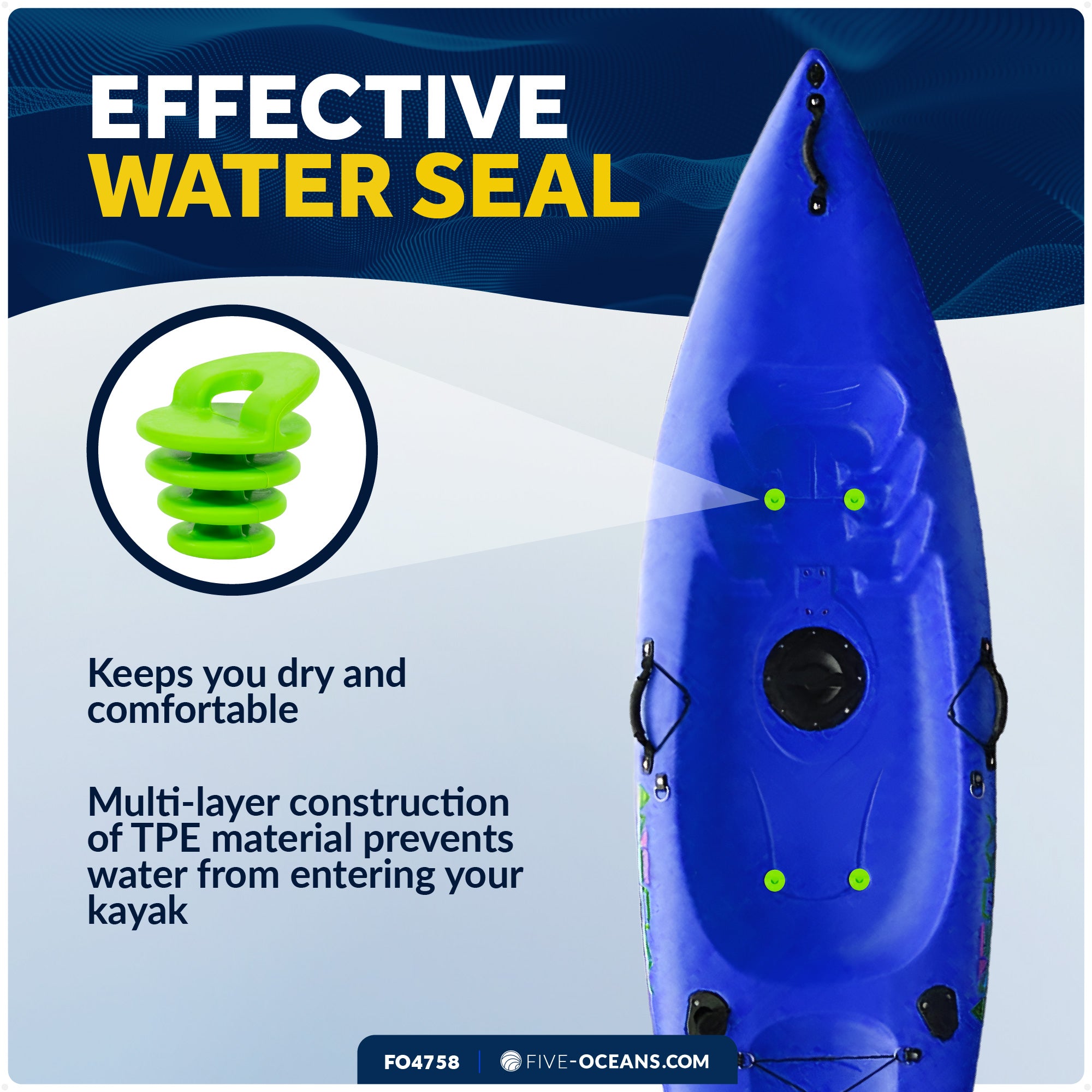 Scupper Plugs for Kayak, Fits Drain Holes 1-1/4" to 2" - 4-Pack - FO4758 - Five Oceans