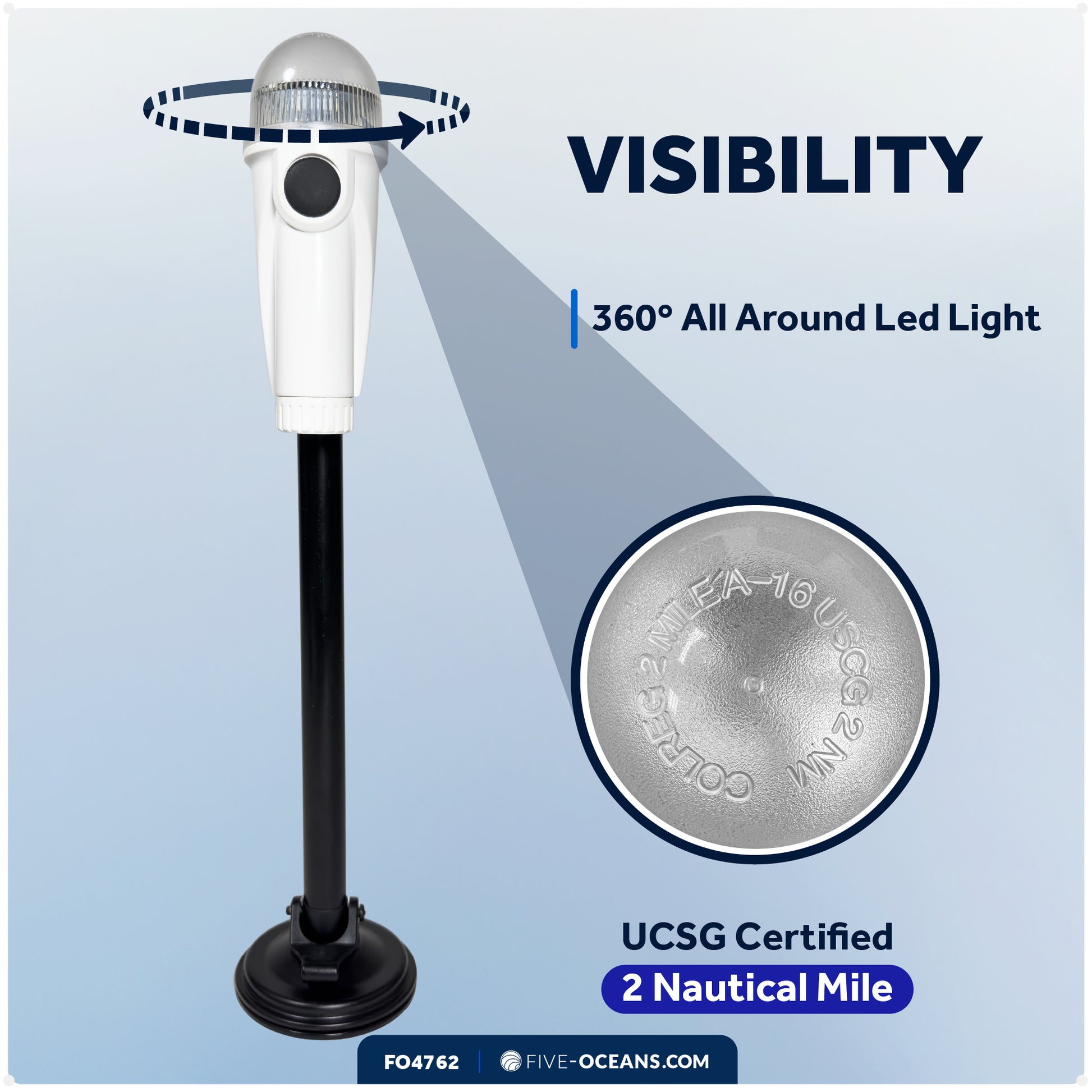 15" LED Anchor Navigation Light with Suction Cup, Battery-Powered - 2NM - FO4762 - Five Oceans