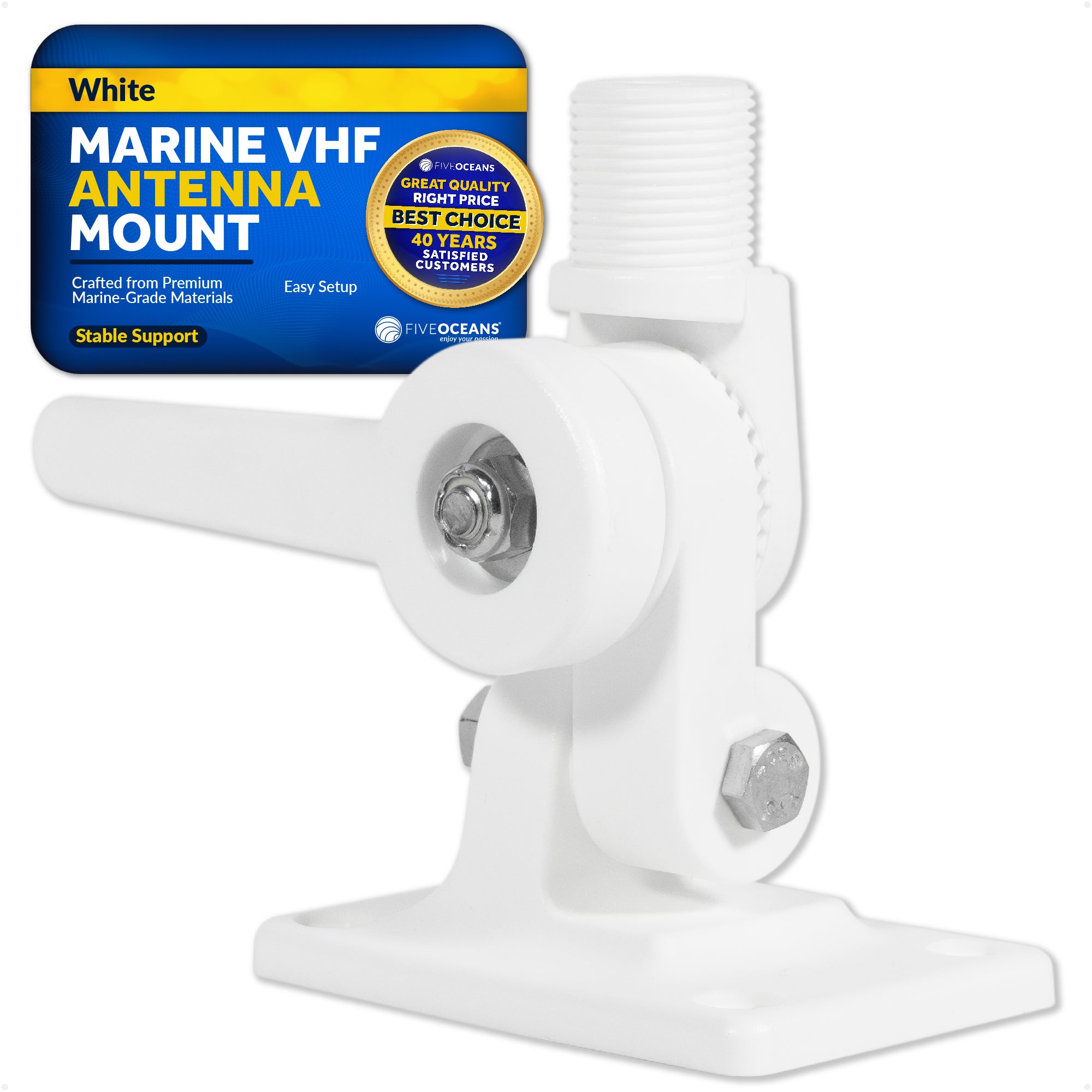 Marine VHF Antenna Mount with Adjustable Ratchet - White Nylon - FO4766 - Five Oceans
