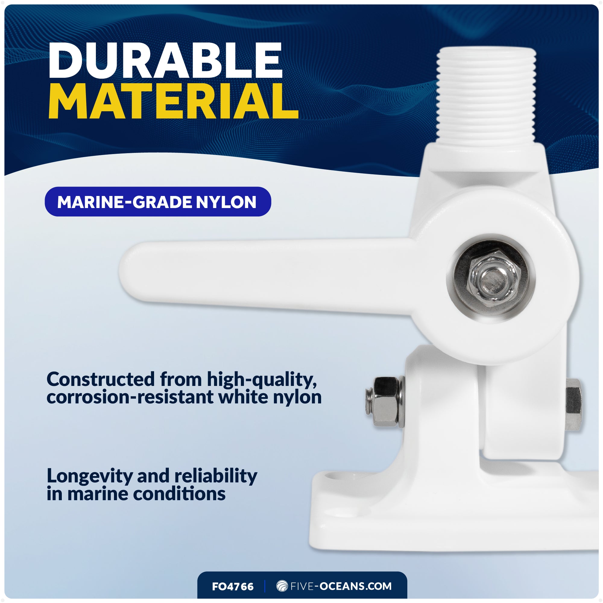 Marine VHF Antenna Mount with Adjustable Ratchet - White Nylon - FO4766 - Five Oceans