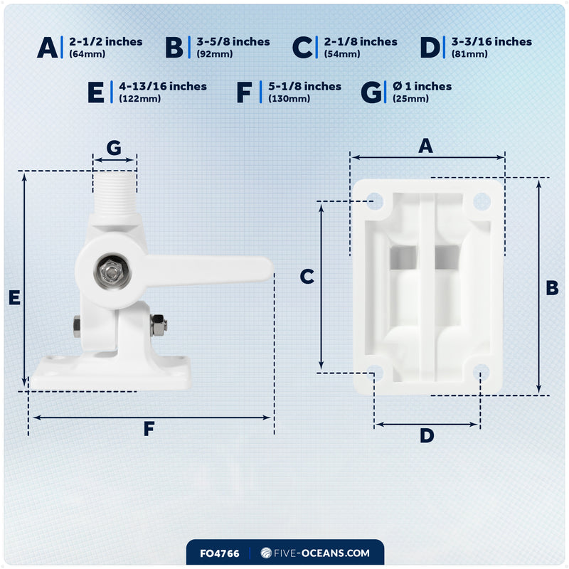 VHF Antenna Mount with Adjustable Ratchet, White Nylon - FO4766 - Five Oceans