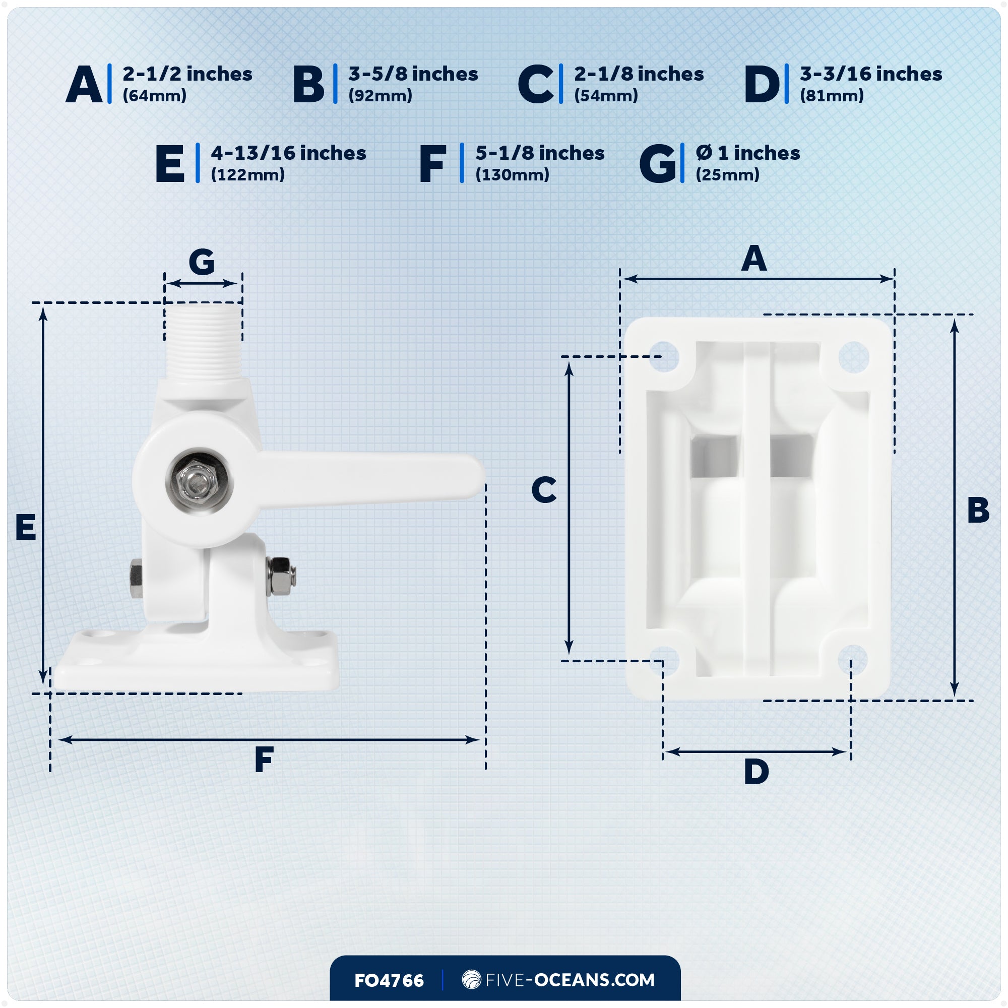 Marine VHF Antenna Mount with Adjustable Ratchet - White Nylon - FO4766 - Five Oceans