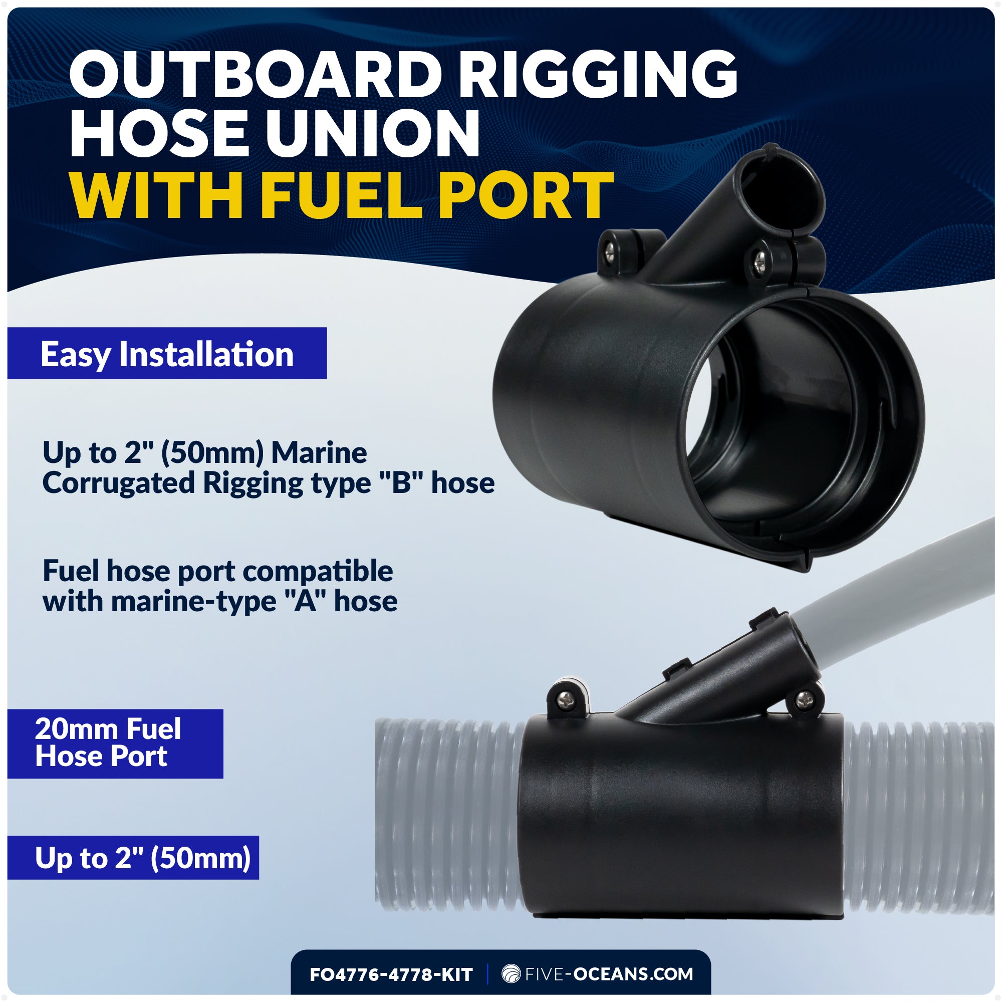 Outboard Rigging Flange with Fuel Hose Port and Hose Union Kit, Black - FO4776-4778-KIT