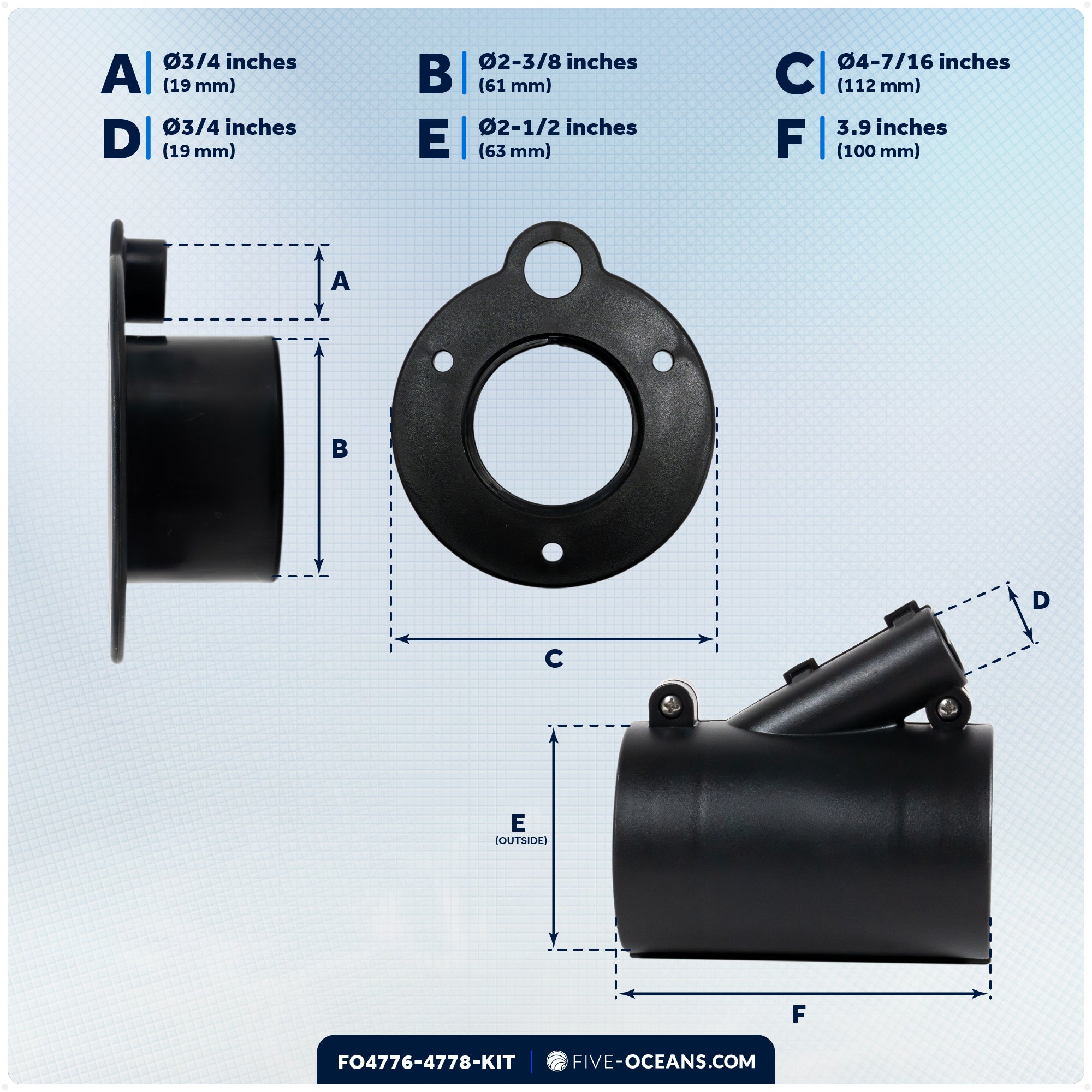 Outboard Rigging Flange with Fuel Hose Port and Hose Union Kit, Black - FO4776-4778-KIT