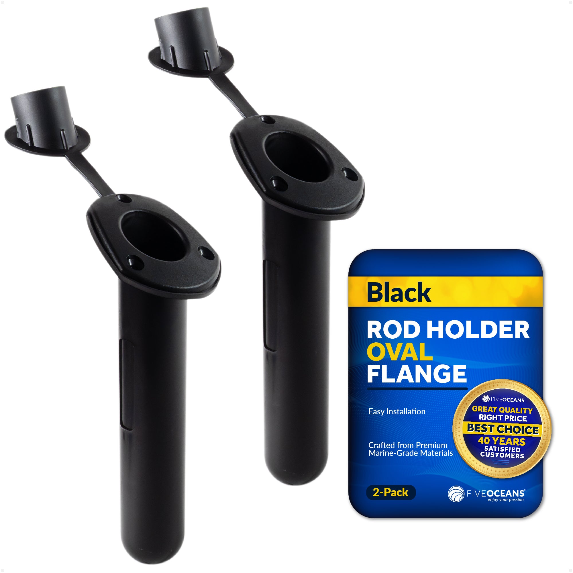 60-Degree Fishing Rod Holder Oval-Flange with PVC Cap - Black, 2-Pack - FO4782-M2 - Five Oceans