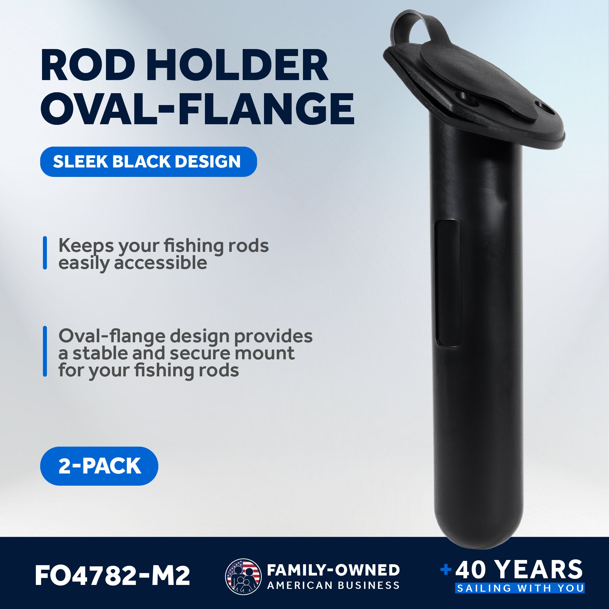 60-Degree Fishing Rod Holder Oval-Flange with PVC Cap - Black, 2-Pack - FO4782-M2 - Five Oceans