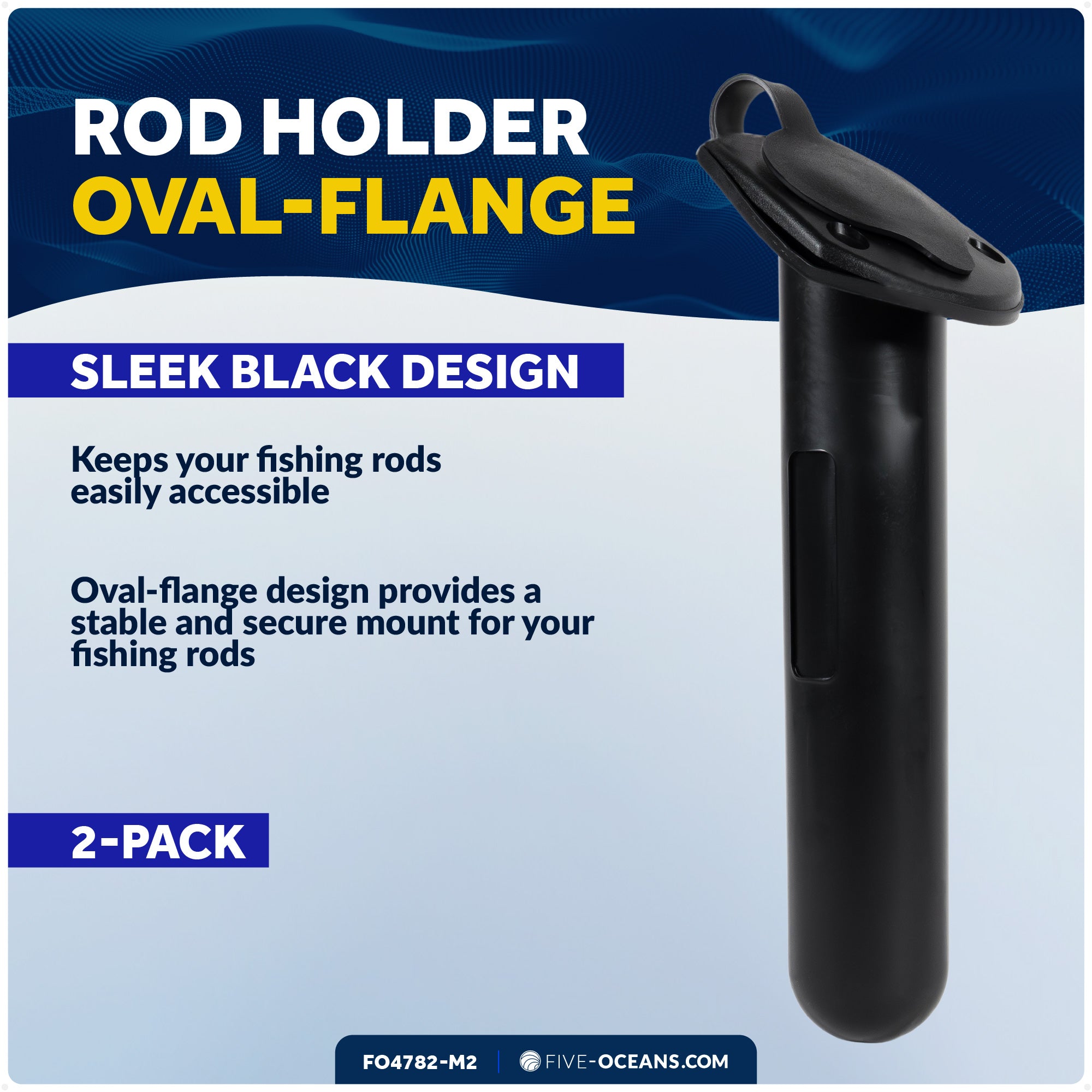60-Degree Fishing Rod Holder Oval-Flange with PVC Cap - Black, 2-Pack - FO4782-M2
