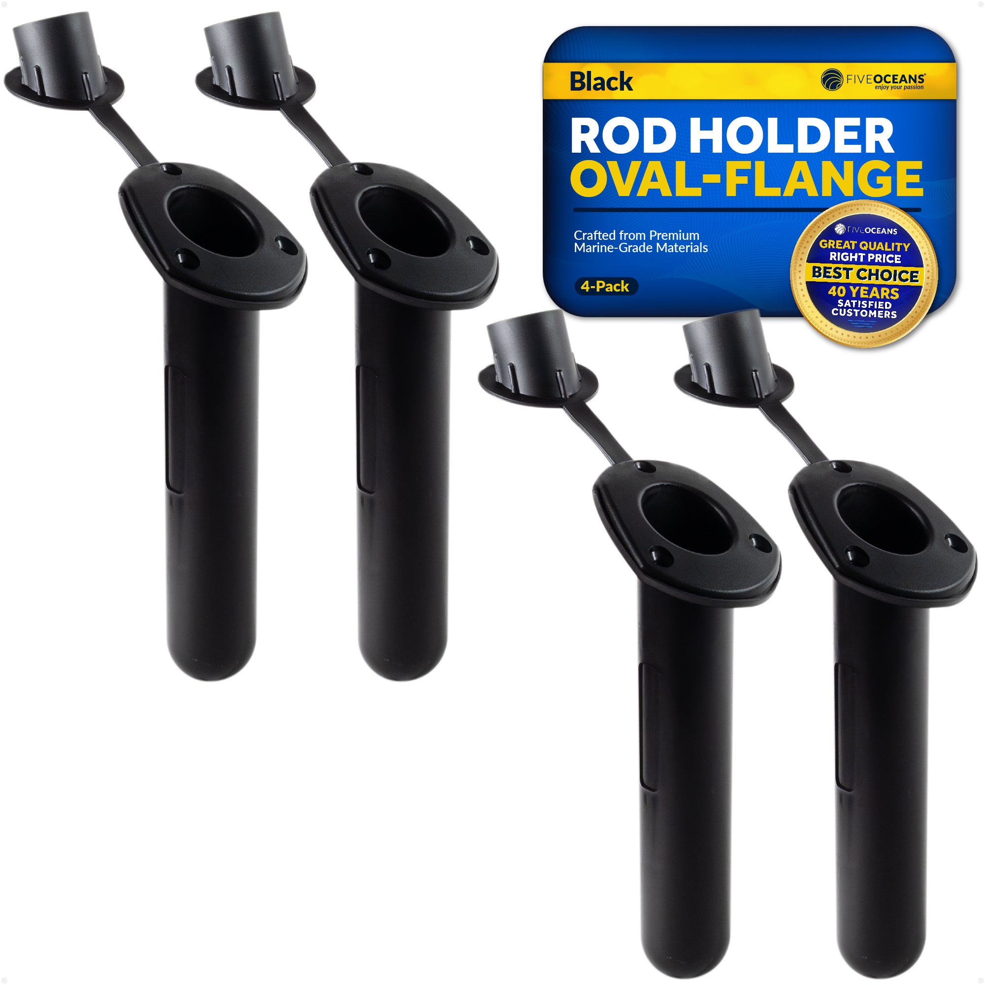 60-Degree Fishing Rod Holder Oval-Flange with PVC Cap - Black, 4-Pack - FO4782-M4 - Five Oceans