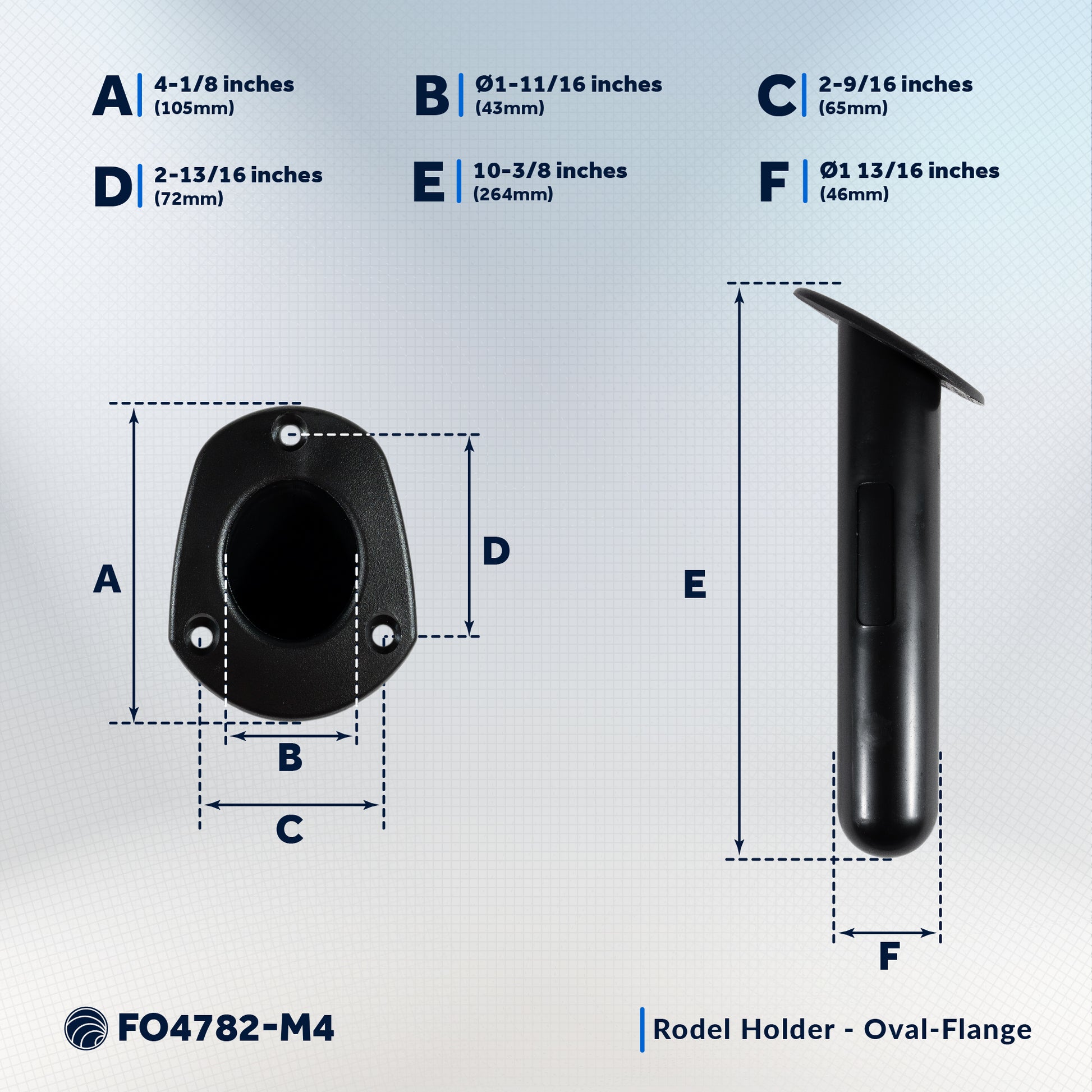60-Degree Fishing Rod Holder Oval-Flange with PVC Cap - Black, 4-Pack - FO4782-M4 - Five Oceans
