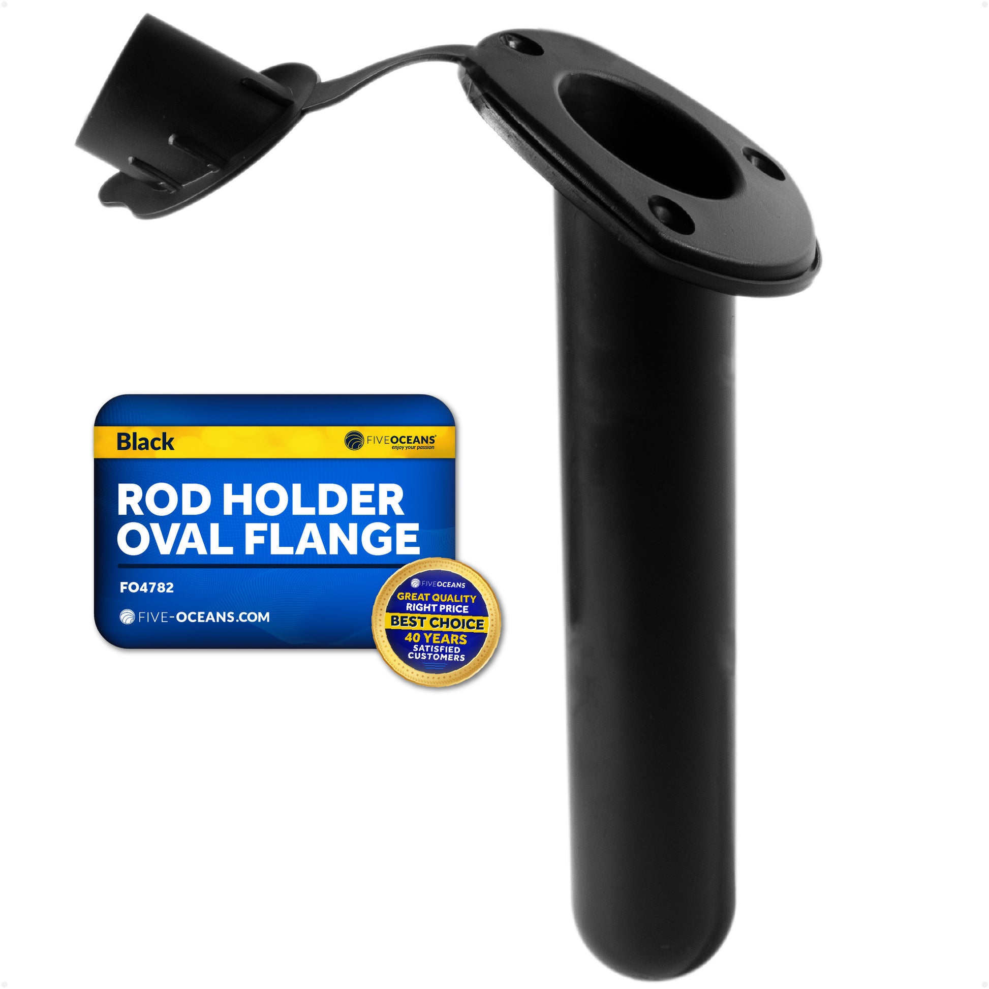 60-Degree Fishing Rod Holder Oval-Flange with PVC Cap - Black - FO4782 - Five Oceans