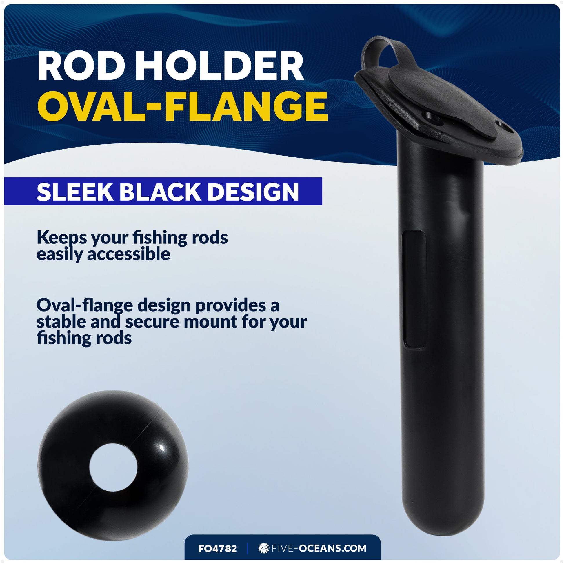 60-Degree Fishing Rod Holder Oval-Flange with PVC Cap - Black - FO4782 - Five Oceans