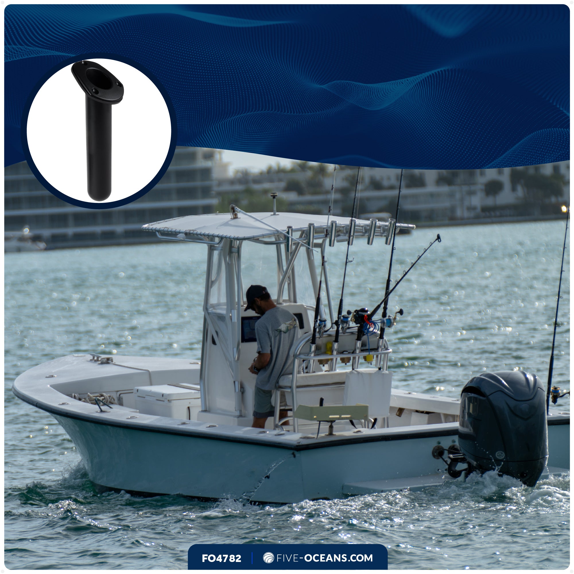 60-Degree Fishing Rod Holder Oval-Flange with PVC Cap - Black - FO4782 - Five Oceans