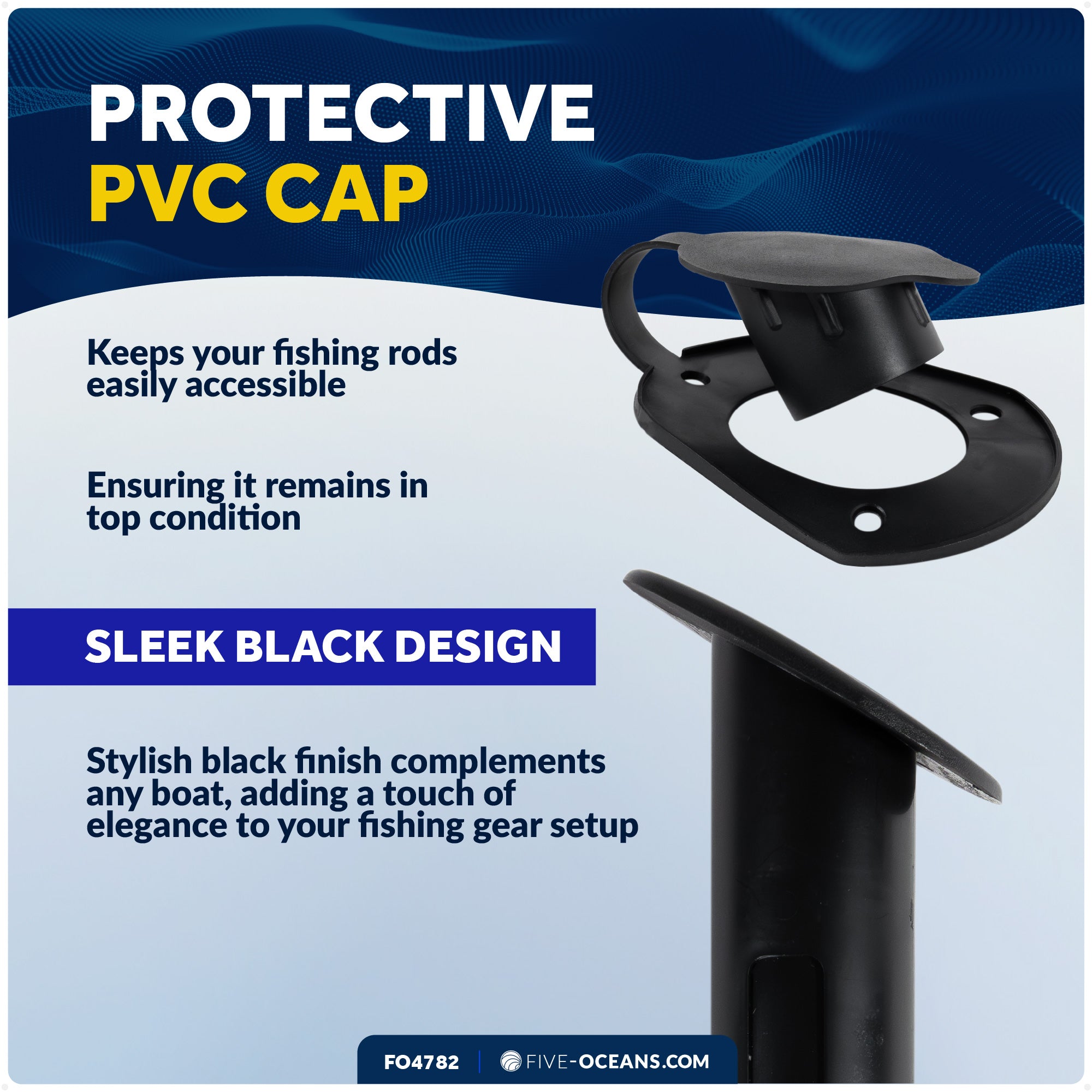 60-Degree Fishing Rod Holder Oval-Flange with PVC Cap - Black - FO4782 - Five Oceans