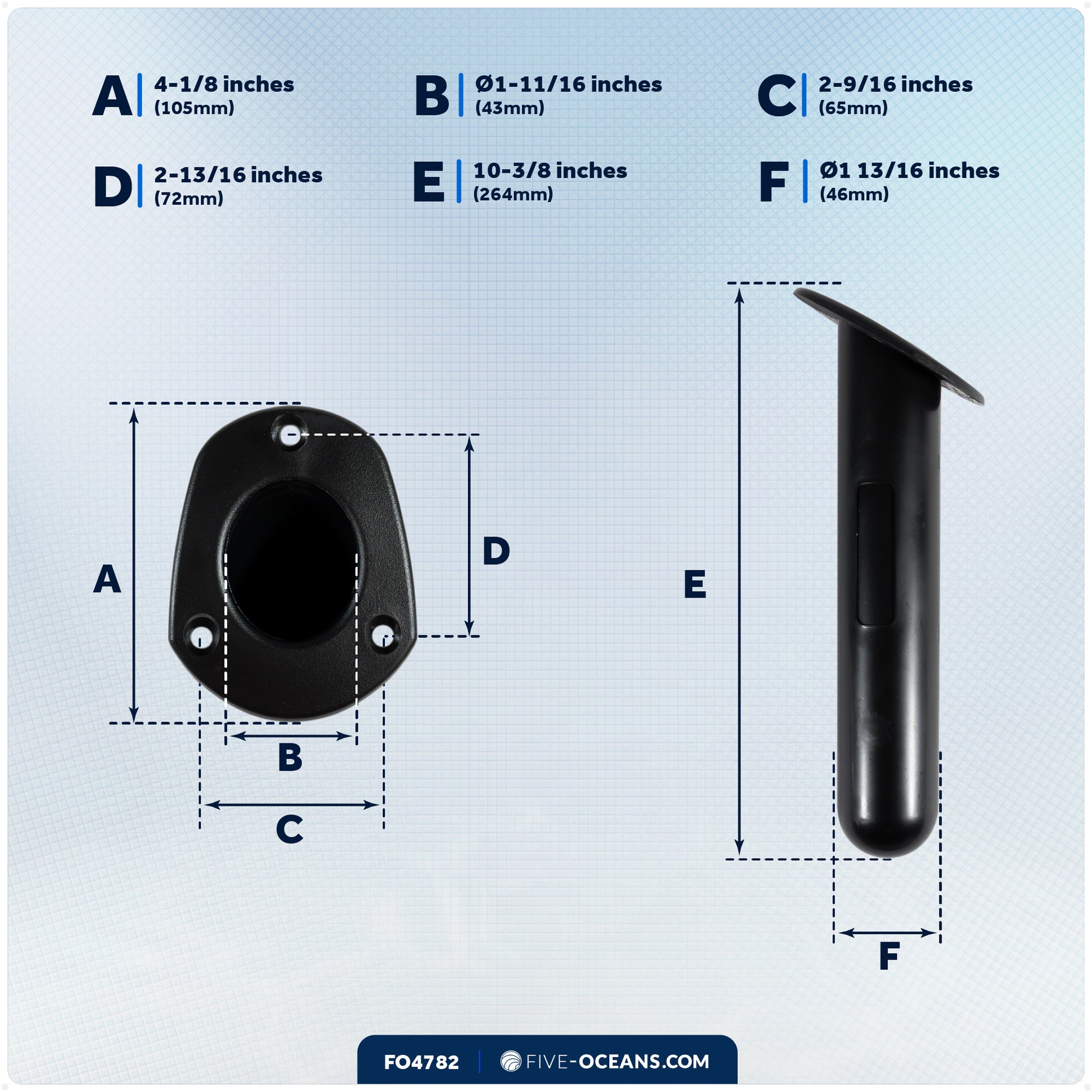 60-Degree Rod Holder, Flush Mount, Black Nylon - FO4782 - Five Oceans
