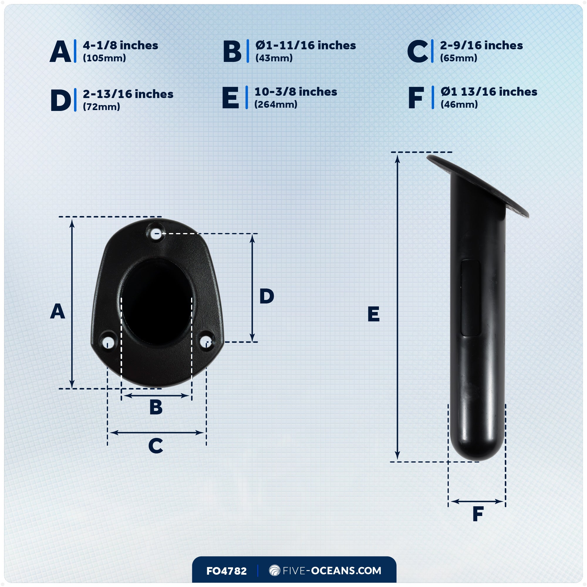 60-Degree Fishing Rod Holder Oval-Flange with PVC Cap - Black - FO4782 - Five Oceans