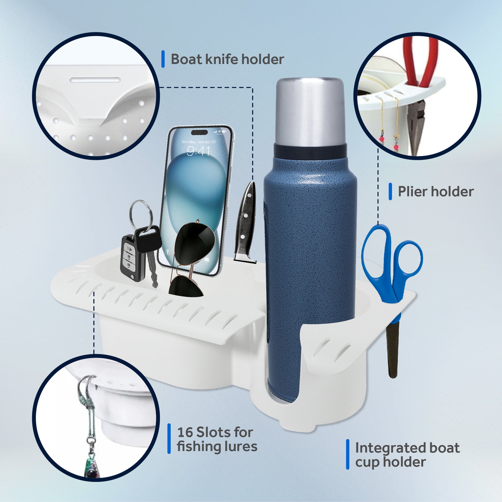 Boat Caddy Organizer with Cup Holder, Drainage, Knife, Plier & 16 Lure Holders, White - FO4784 - Five Oceans