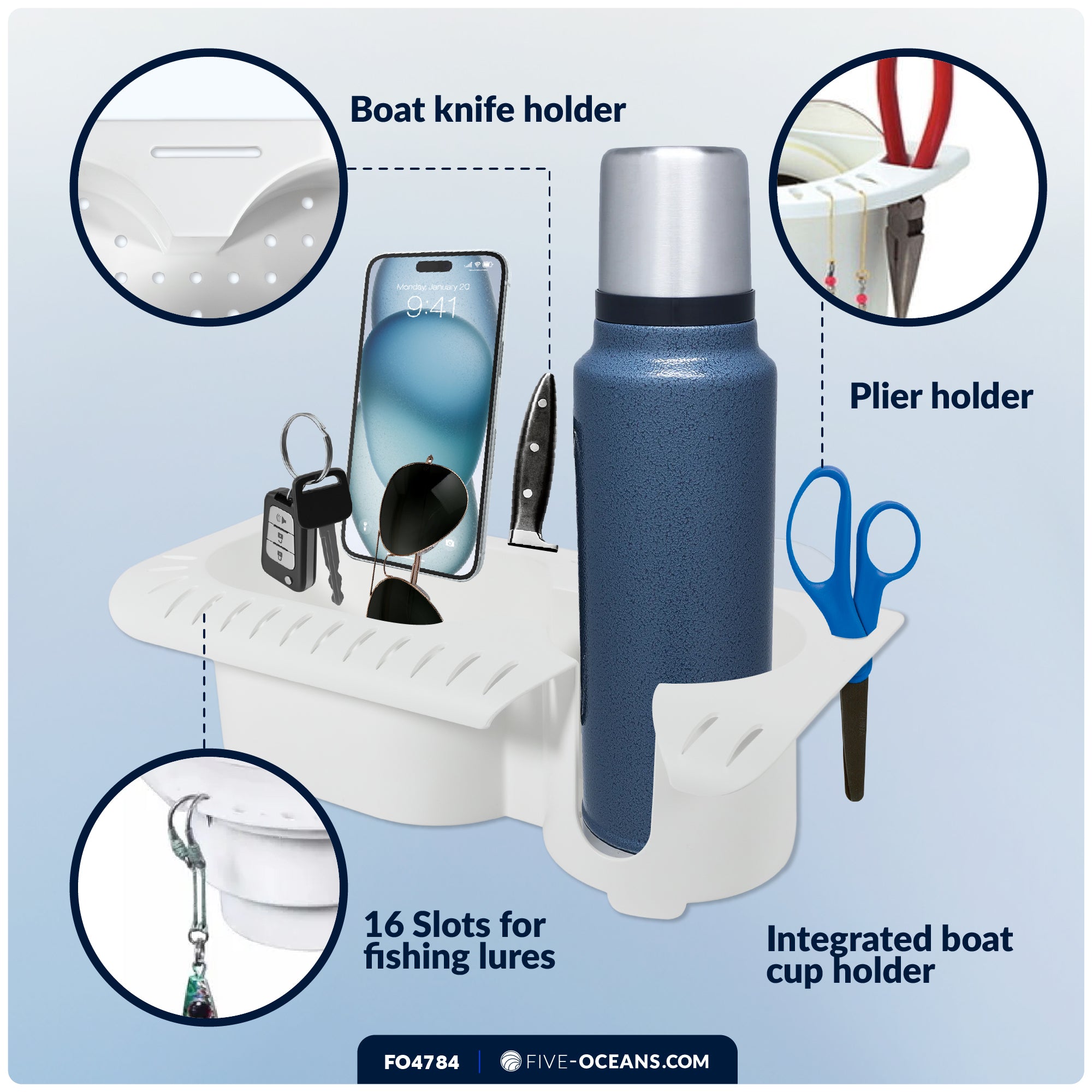 Boat Storage Caddy Organizer with Cup Holder, Drainage, Knife, Plier & 16 Lure Holders, White - FO4784 - Five Oceans