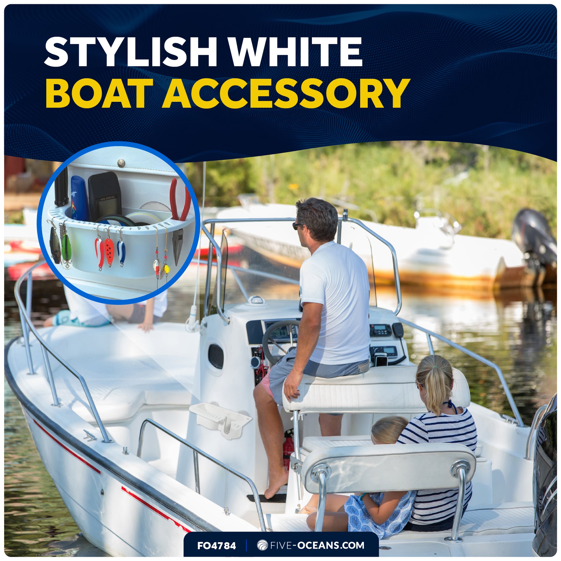 Boat Storage Caddy Organizer with Cup Holder, Drainage, Knife, Plier & 16 Lure Holders, White - FO4784 - Five Oceans