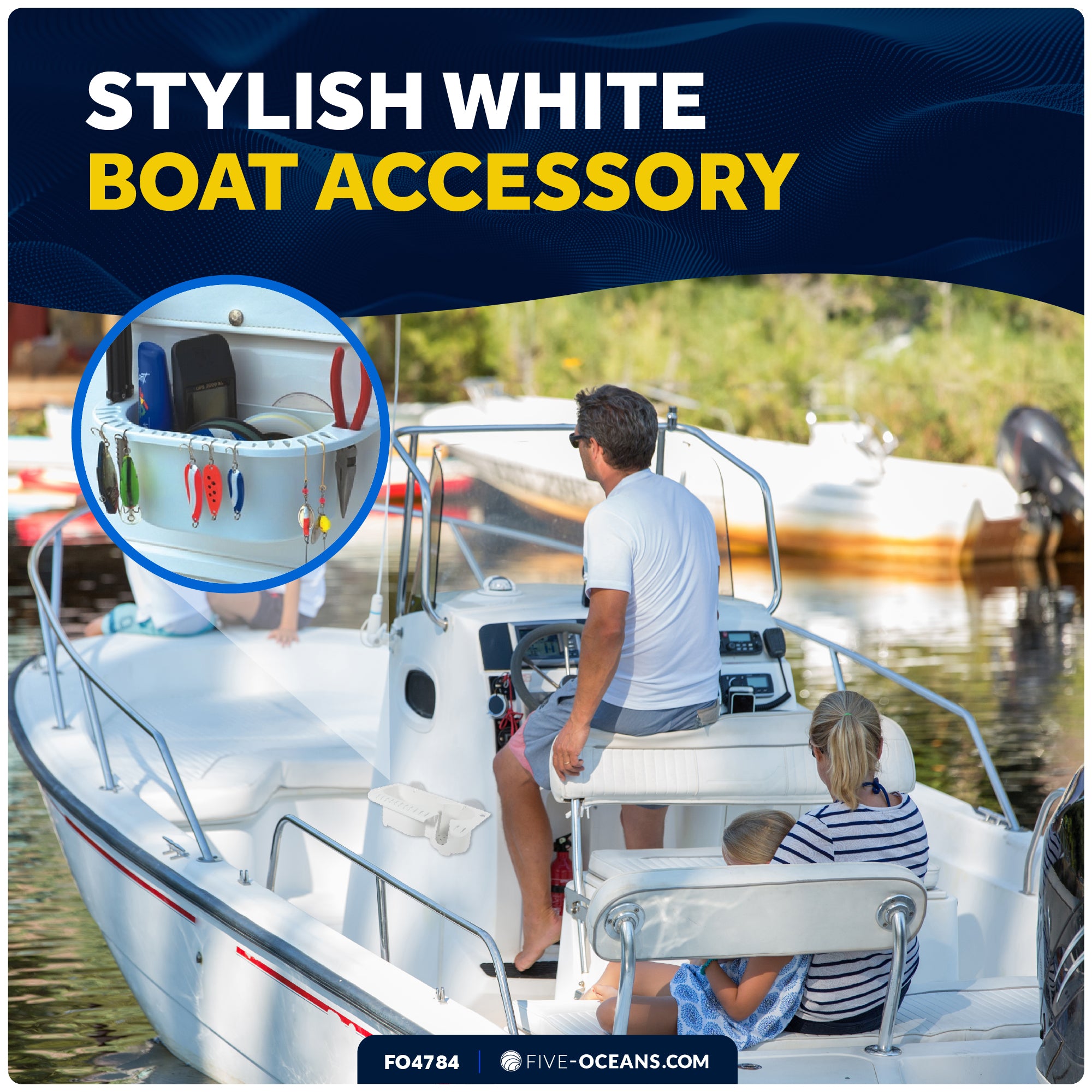 Boat Storage Caddy Organizer with Cup Holder, Drainage, Knife, Plier & 16 Lure Holders, White - FO4784 - Five Oceans